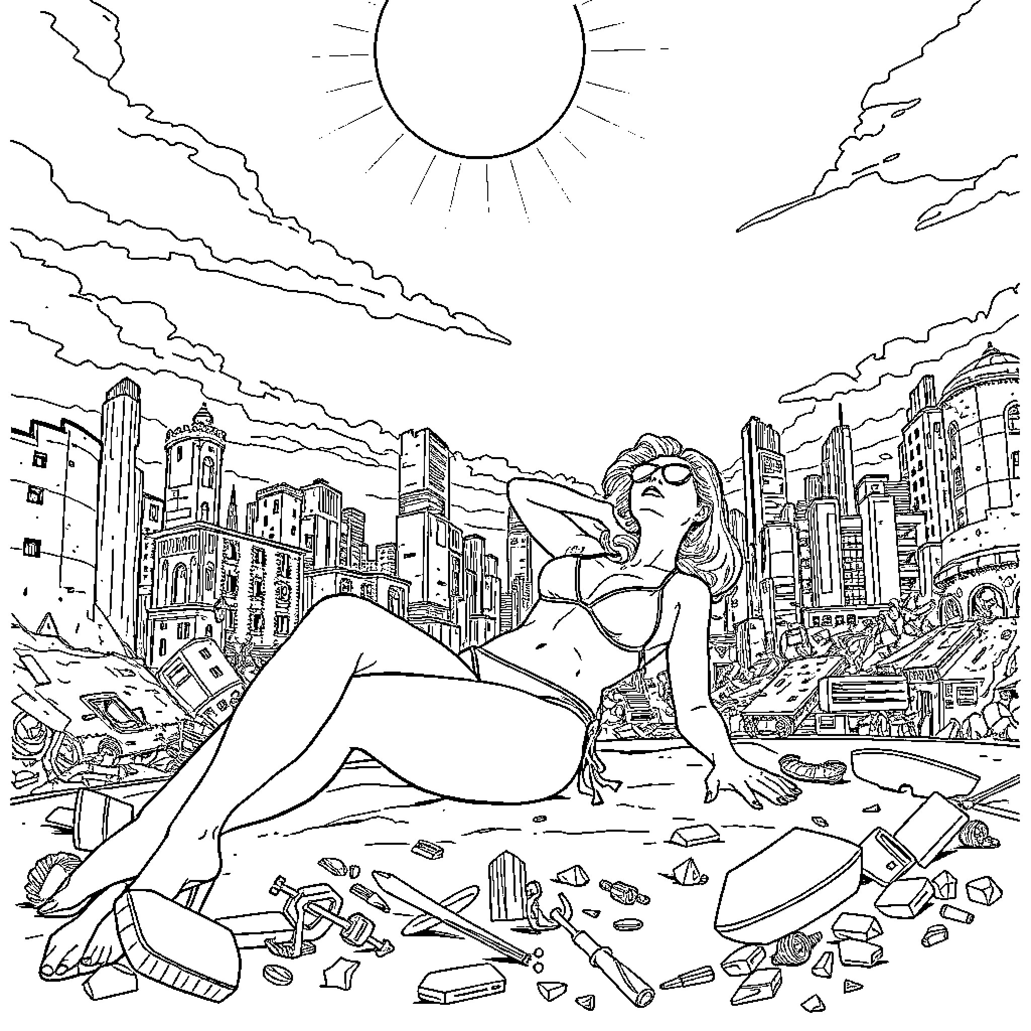 Harvey Quin lounging amidst city ruins in the sun Coloring Page (free black-and-white line drawing printable PDF for all, from beginners to advanced learners, including children, teens, adults, and seniors)