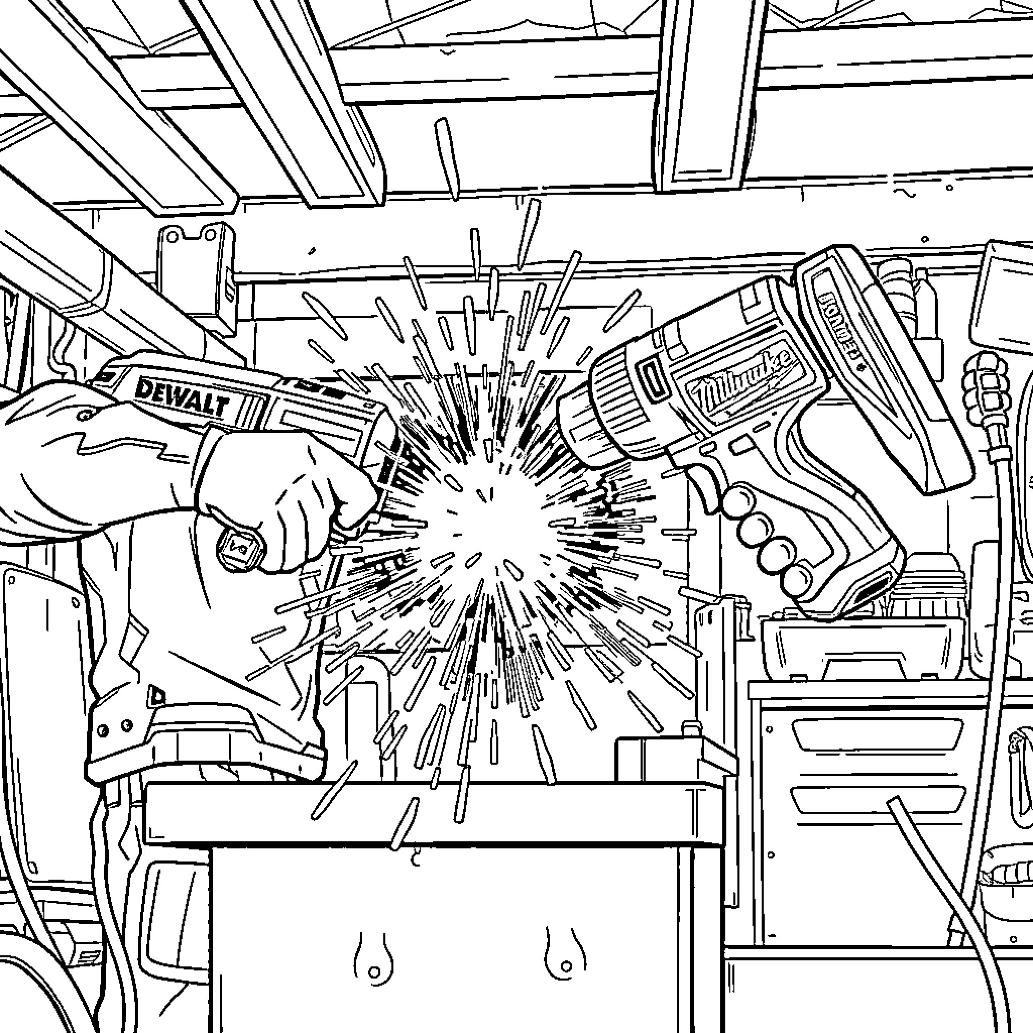 Tool Workshop with Power Tools in Action Coloring Page (free black-and-white line drawing printable PDF for all, from beginners to advanced learners, including children, teens, adults, and seniors)