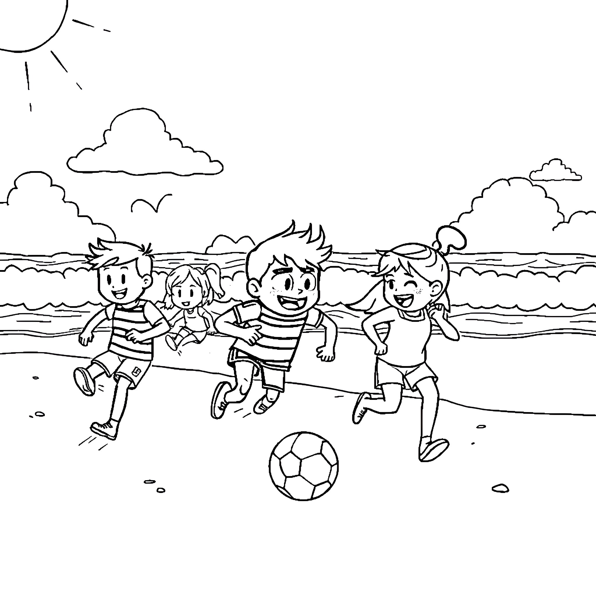 Among Us Friends Playing Soccer on the Beach Coloring Page (free black-and-white line drawing printable PDF for all, from beginners to advanced learners, including children, teens, adults, and seniors)