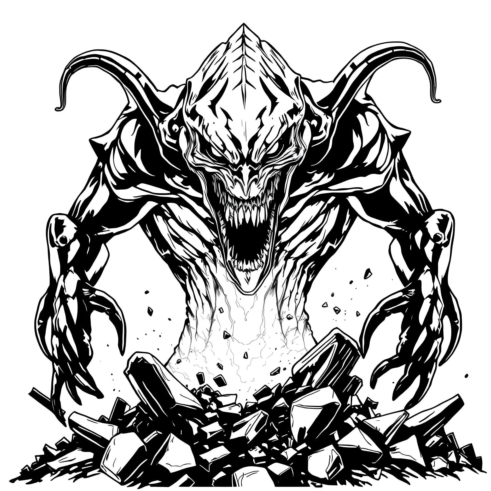 Nemesis: Monstrous Creature Emerging from Destruction Coloring Page (free black-and-white line drawing printable PDF for all, from beginners to advanced learners, including children, teens, adults, and seniors)