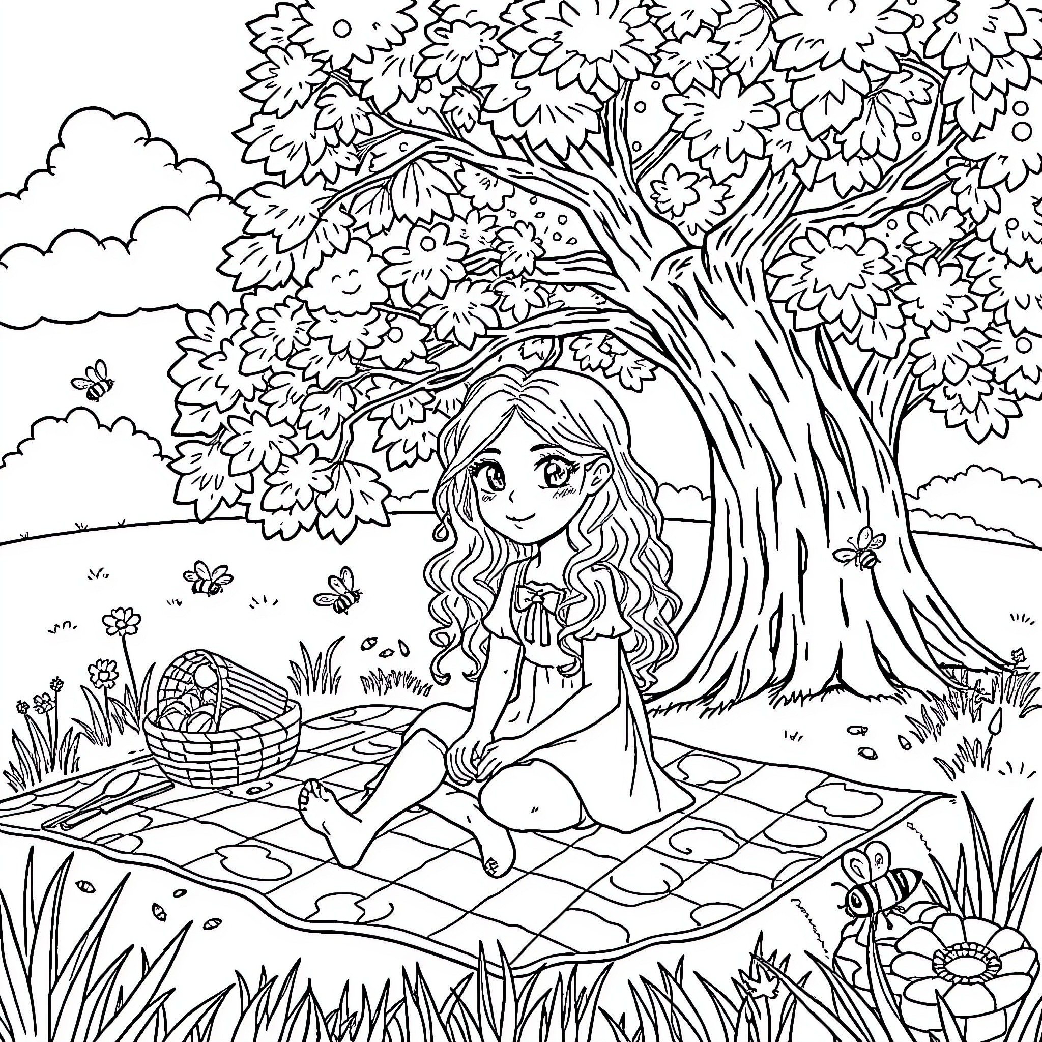 Girl enjoying nature under a tree Coloring Page (free black-and-white line drawing printable PDF for all, from beginners to advanced learners, including children, teens, adults, and seniors)