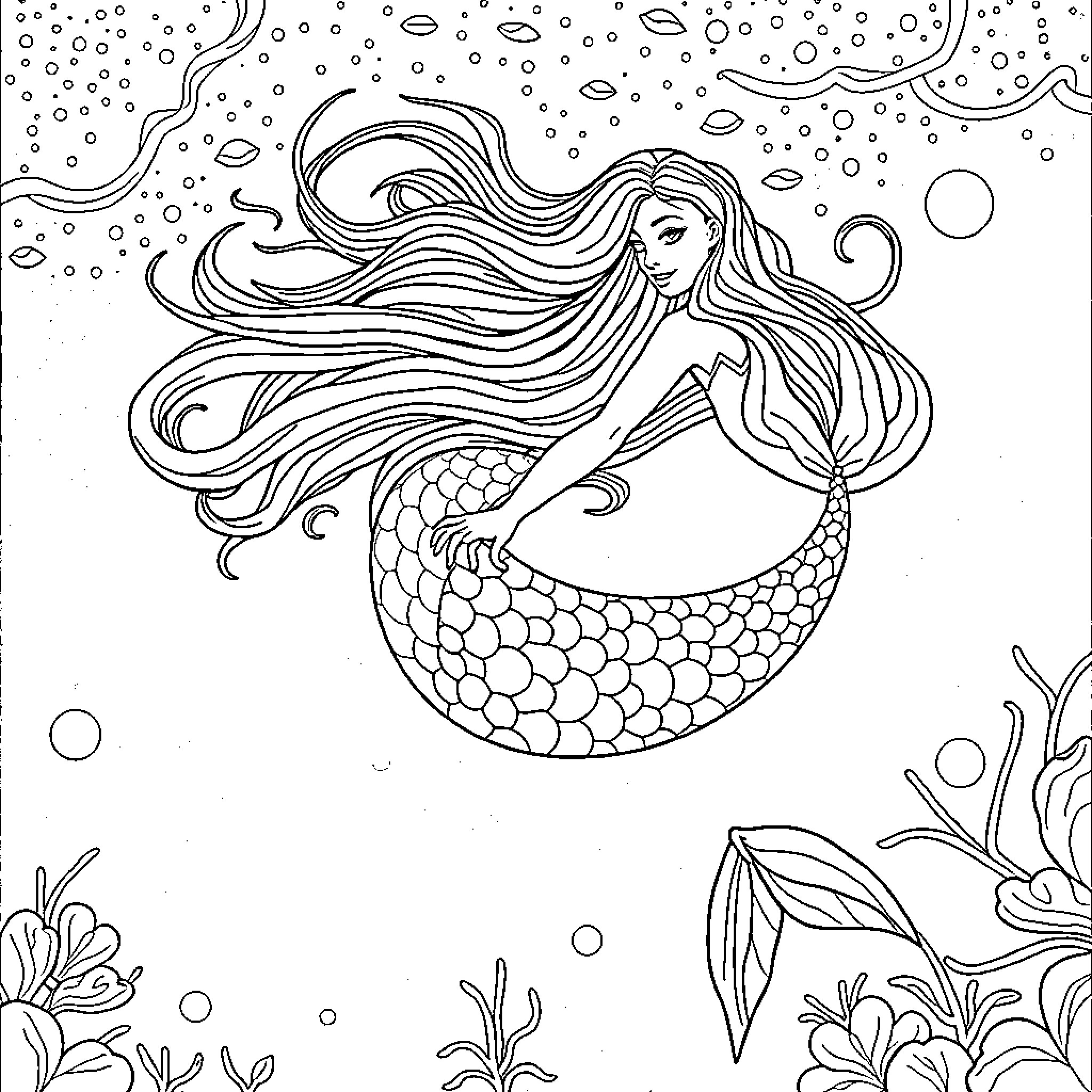 Mermaid with flowing hair swimming in the underwater scene Coloring Page (free black-and-white line drawing printable PDF for all, from beginners to advanced learners, including children, teens, adults, and seniors)