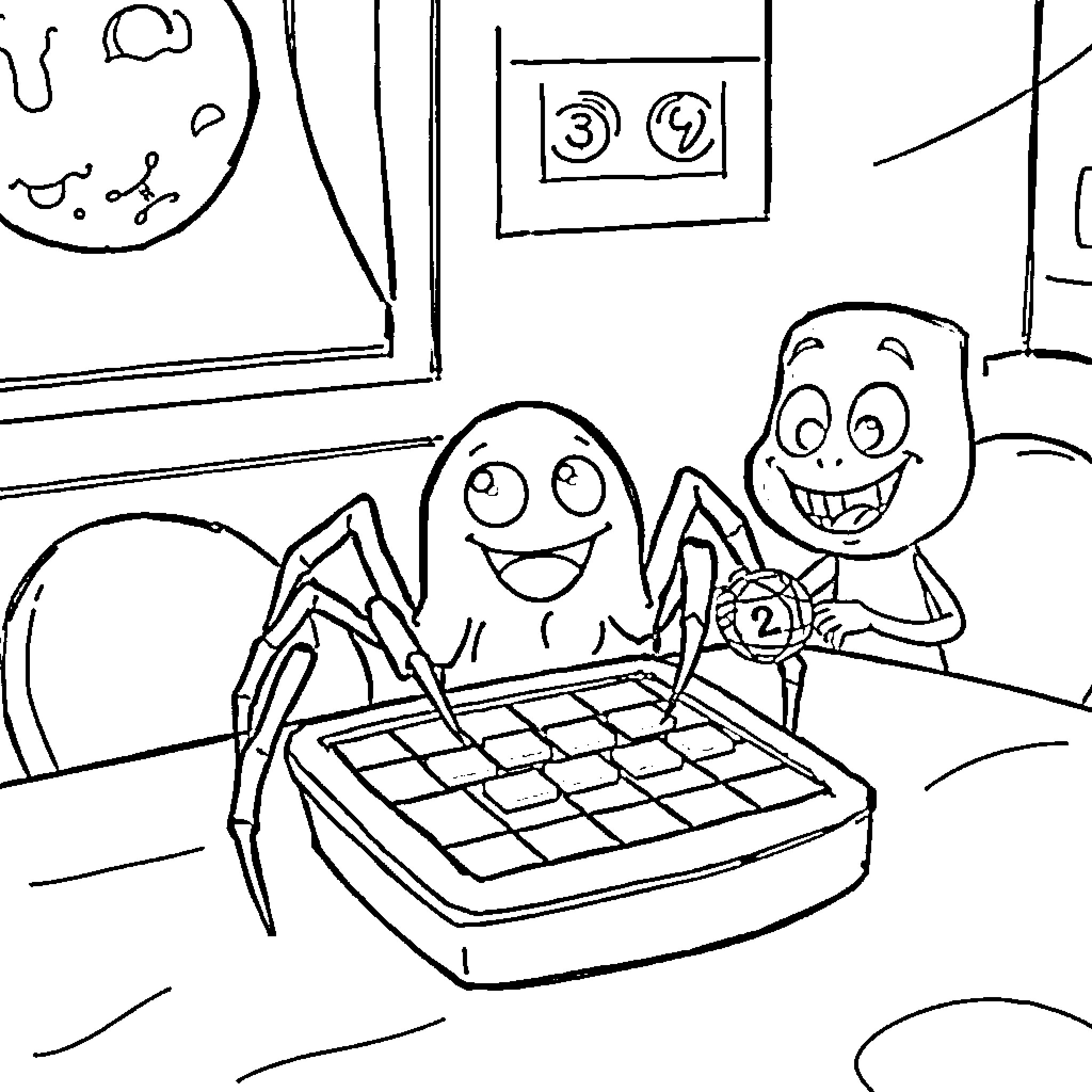 Ghost Spider playing board game with friends Coloring Page (free black-and-white line drawing printable PDF for all, from beginners to advanced learners, including children, teens, adults, and seniors)
