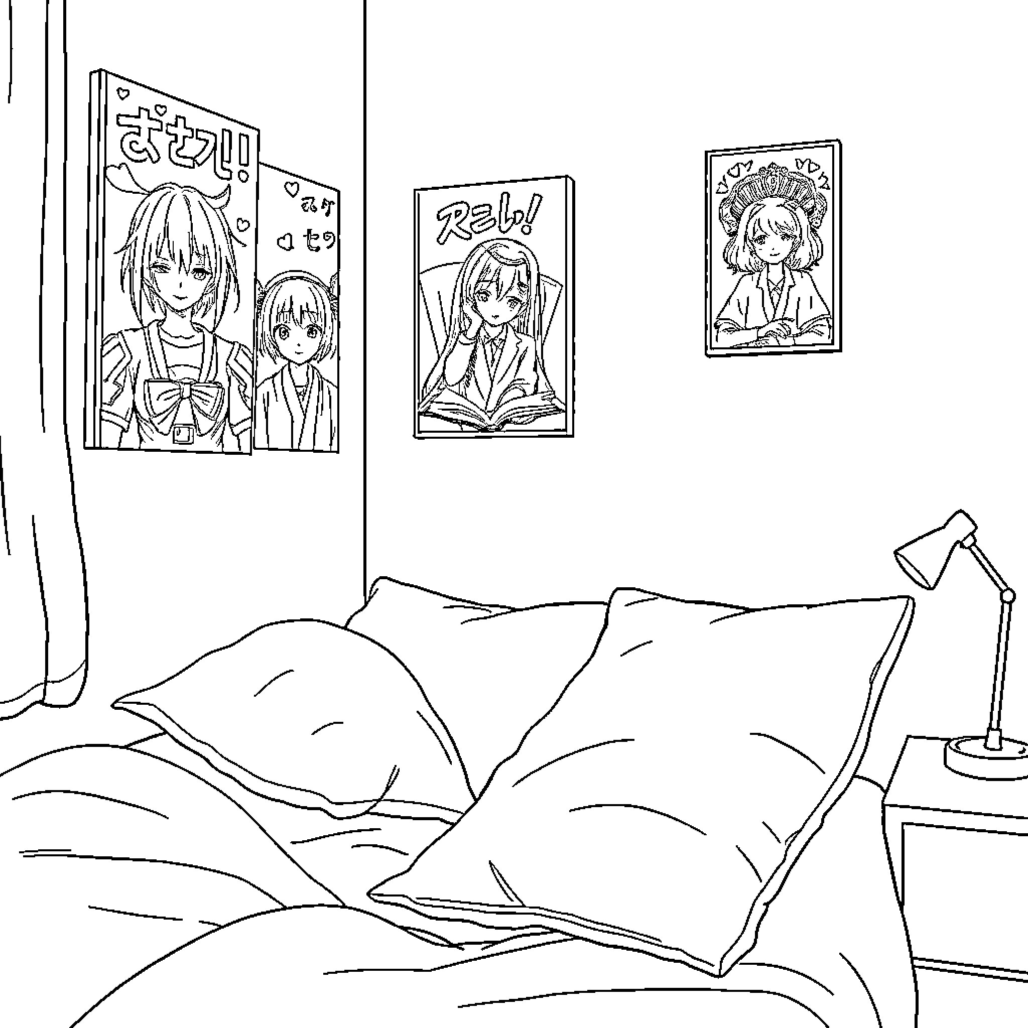 Bedroom with Anime-Themed Decor and Bed Coloring Page (free black-and-white line drawing printable PDF for all, from beginners to advanced learners, including children, teens, adults, and seniors)
