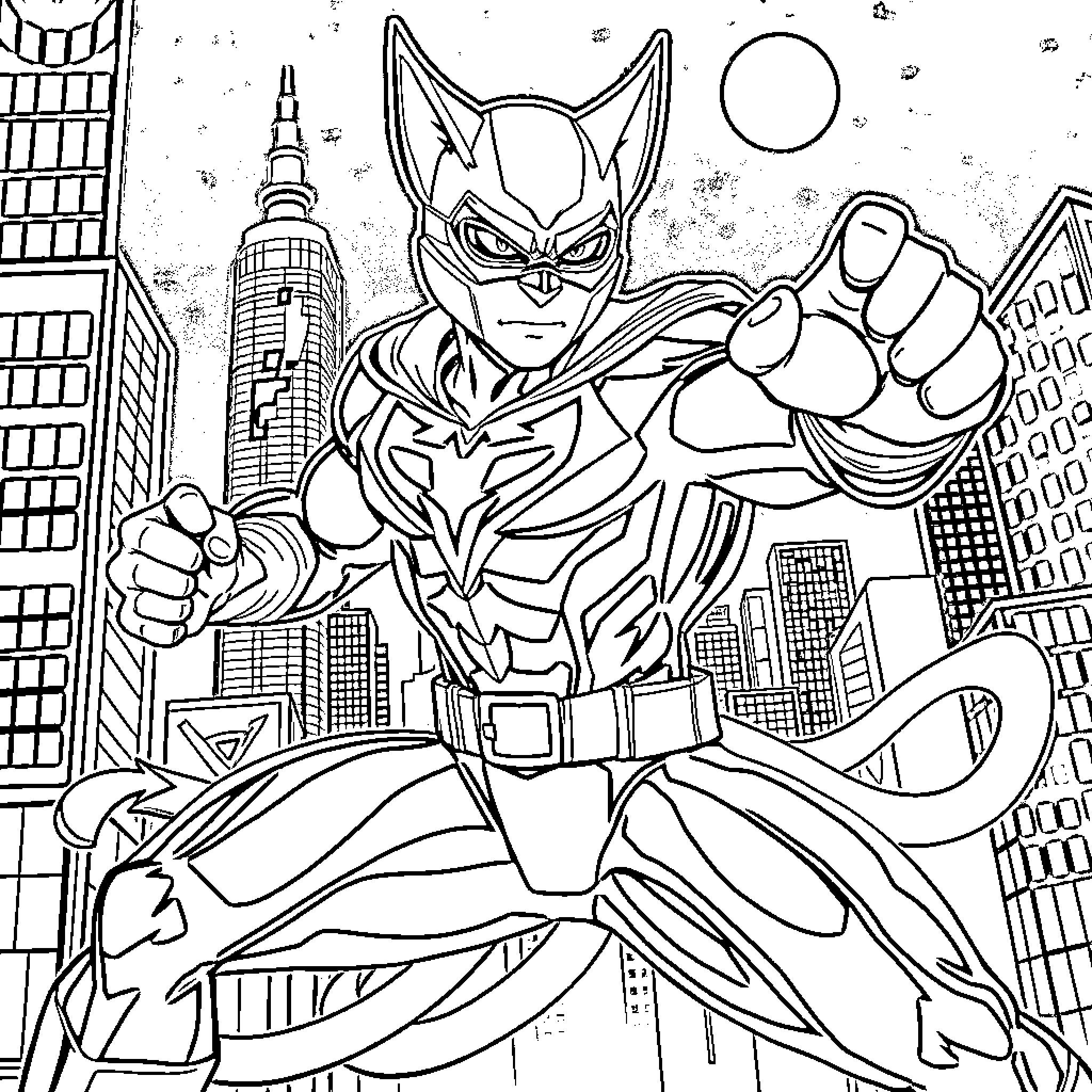 Catman Protector of the City Coloring Page (free black-and-white line drawing printable PDF for all, from beginners to advanced learners, including children, teens, adults, and seniors)