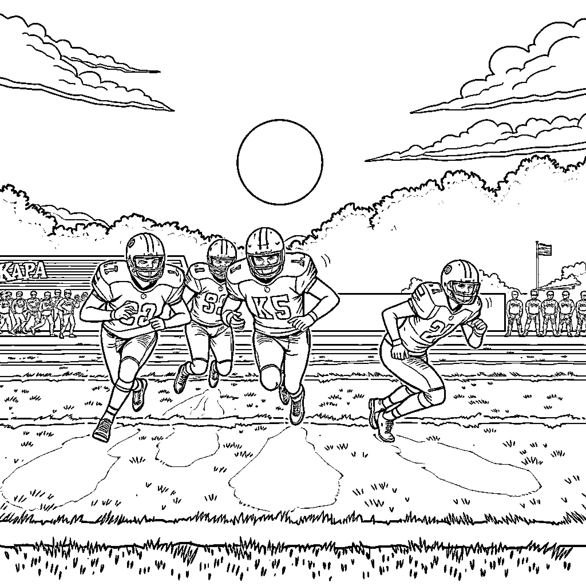 Kappa Alpha Psi players in competitive football match Coloring Page (free black-and-white line drawing printable PDF for all, from beginners to advanced learners, including children, teens, adults, and seniors)