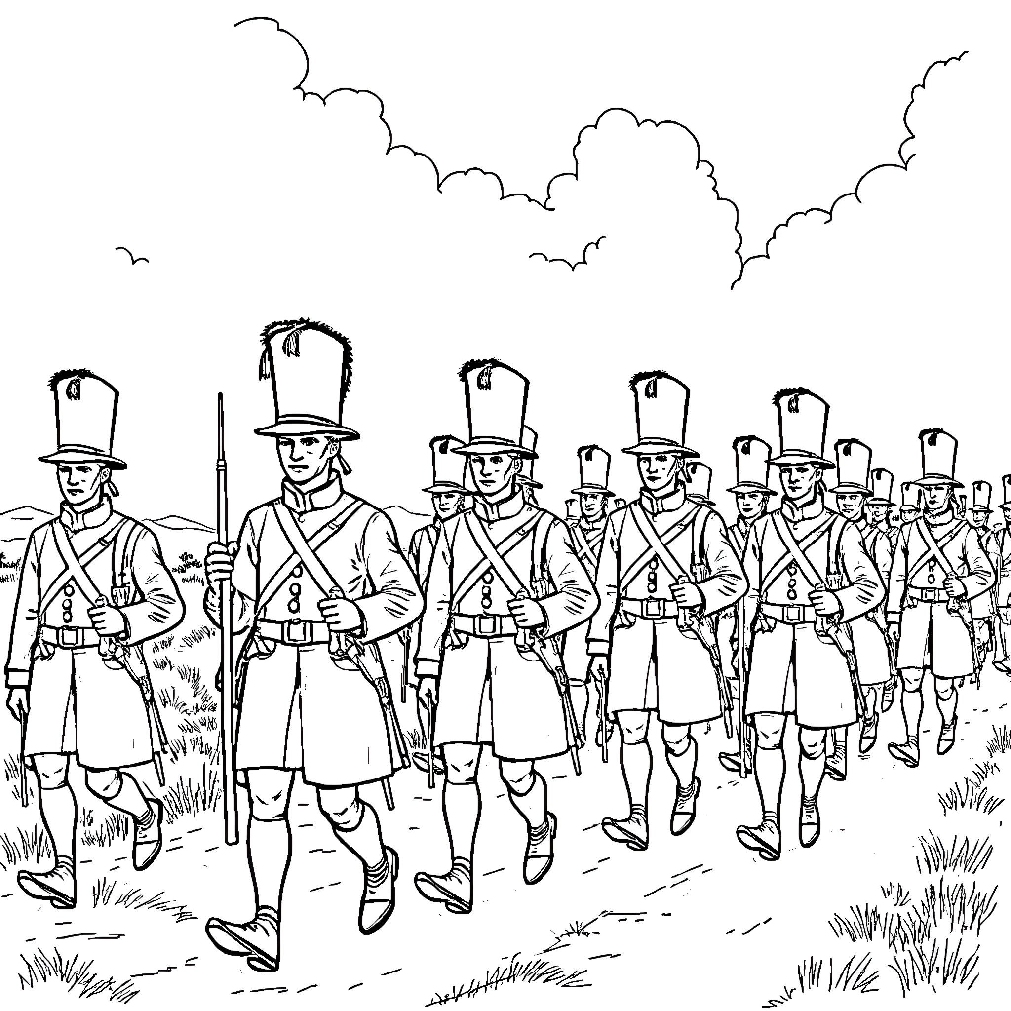 Soldier detachment marching in formation Coloring Page (free black-and-white line drawing printable PDF for all, from beginners to advanced learners, including children, teens, adults, and seniors)
