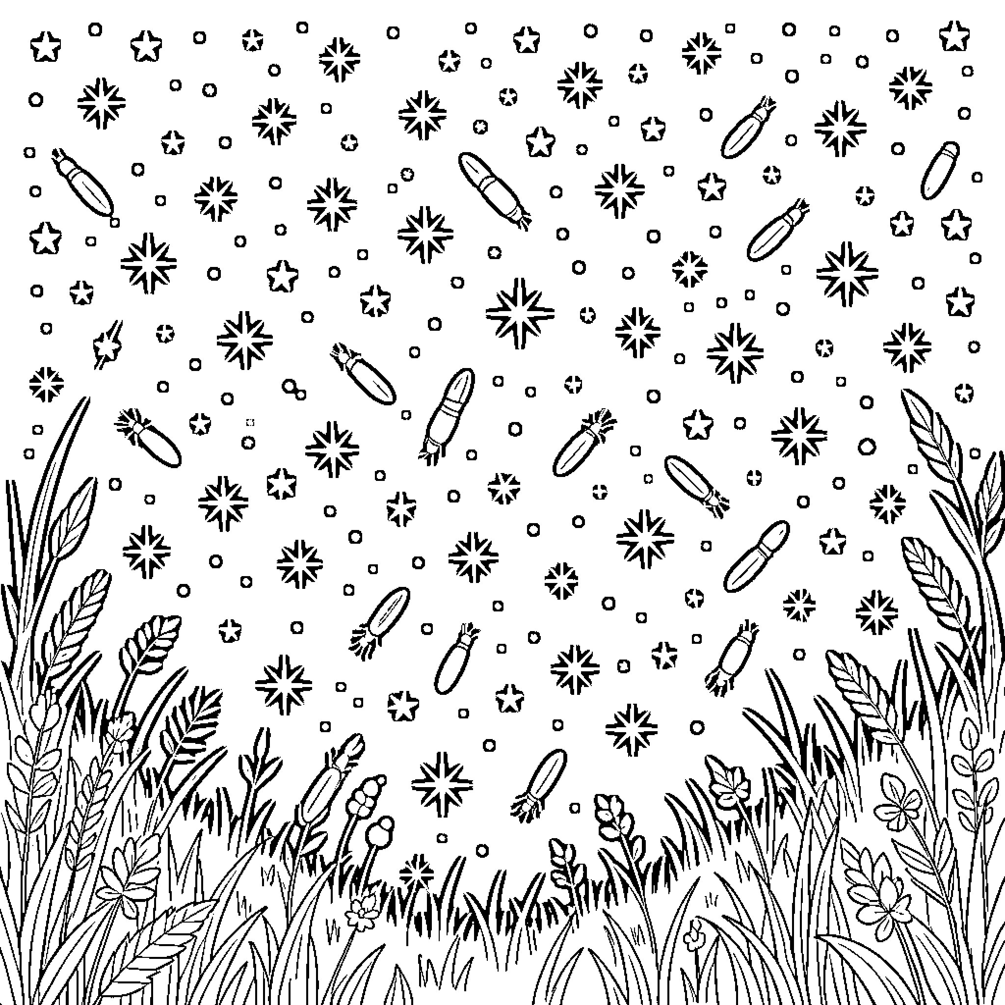 Firefly Meadow Glimmering Amongst the Stars Coloring Page (free black-and-white line drawing printable PDF for all, from beginners to advanced learners, including children, teens, adults, and seniors)
