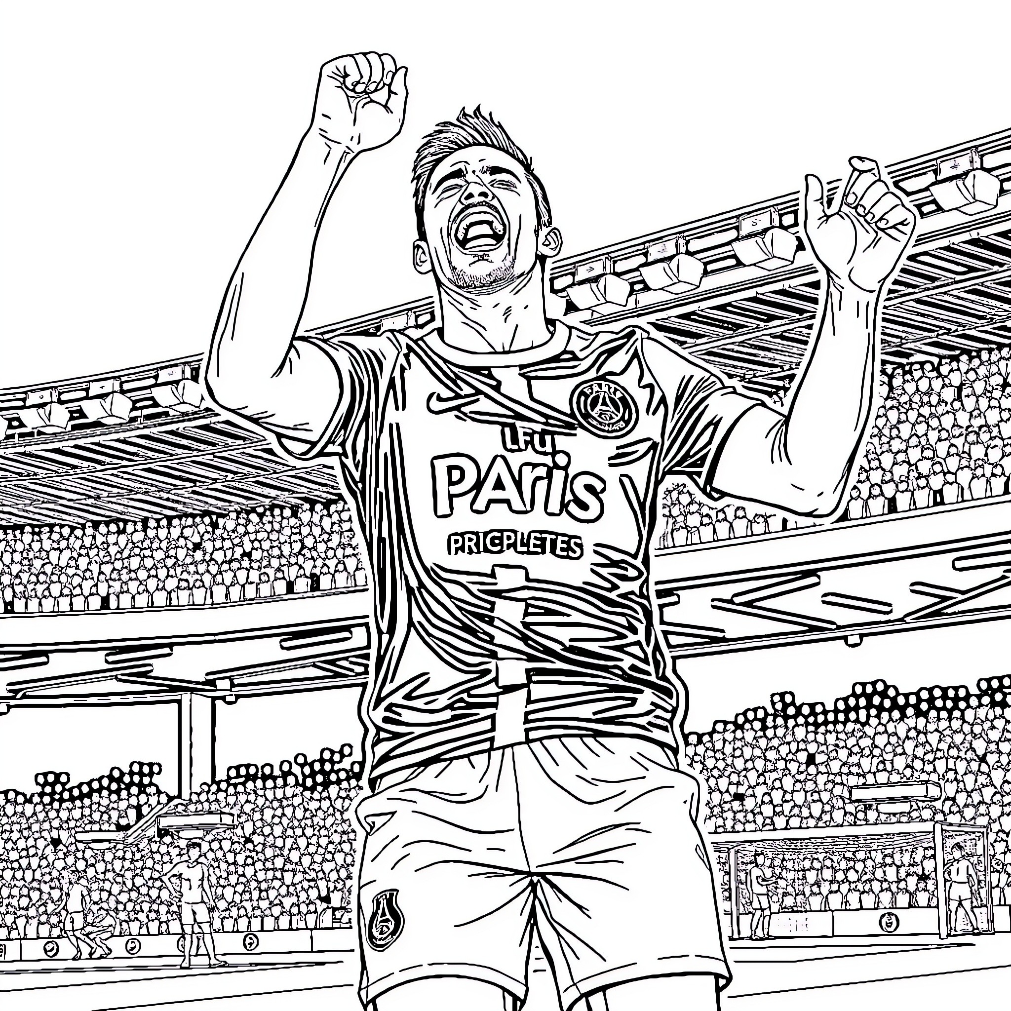 Joueur célébrant sa victoire sur le terrain Coloring Page (free black-and-white line drawing printable PDF for all, from beginners to advanced learners, including children, teens, adults, and seniors)