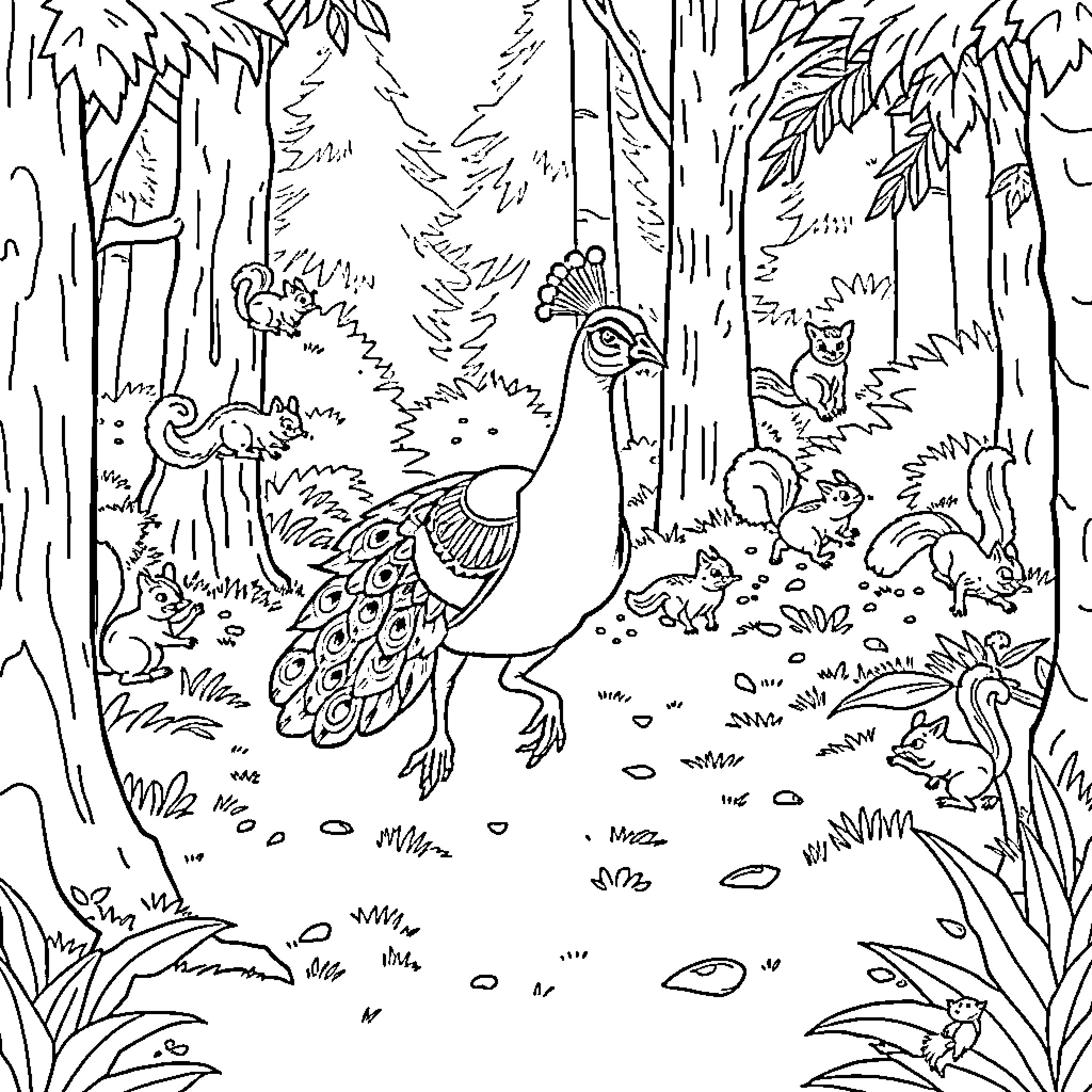 Peacock in a Lush Forest Surrounded by Wildlife Coloring Page (free black-and-white line drawing printable PDF for all, from beginners to advanced learners, including children, teens, adults, and seniors)