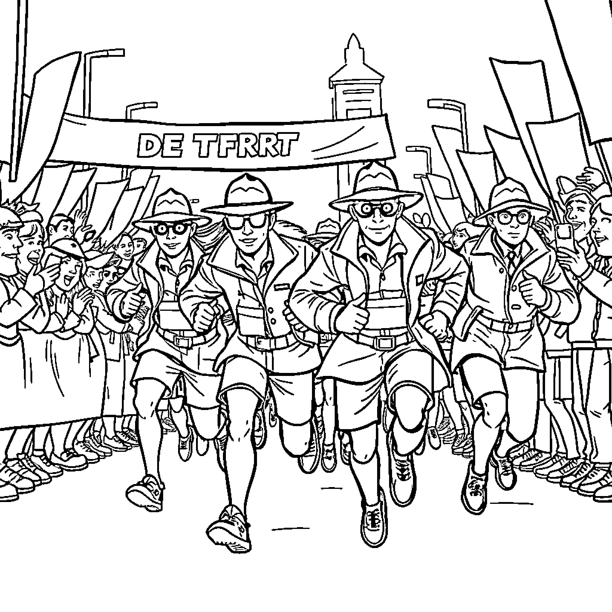 Detective Soldiers Marching in Parade Coloring Page (free black-and-white line drawing printable PDF for all, from beginners to advanced learners, including children, teens, adults, and seniors)