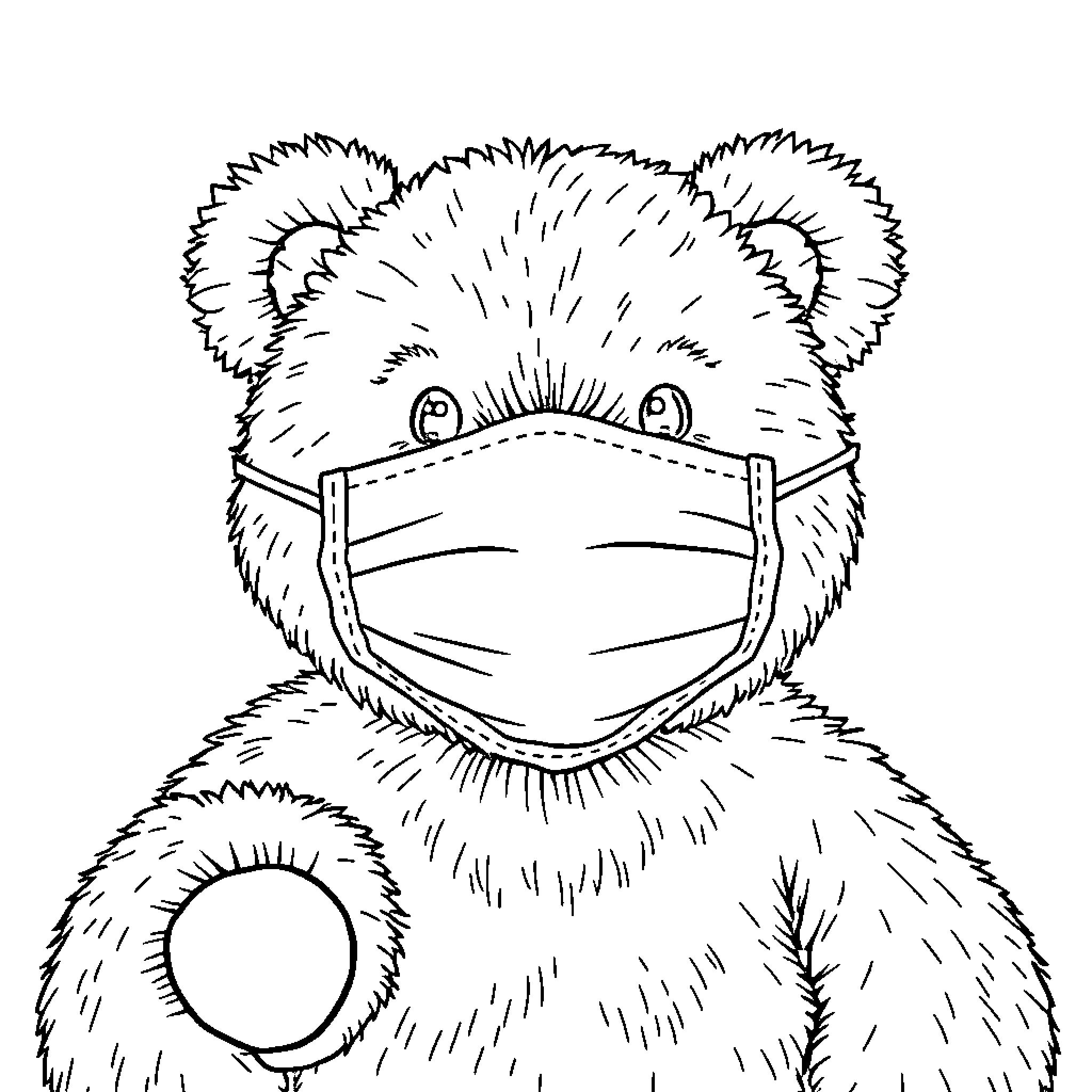 Teddy Bear wearing a protective mask Coloring Page (free black-and-white line drawing printable PDF for all, from beginners to advanced learners, including children, teens, adults, and seniors)