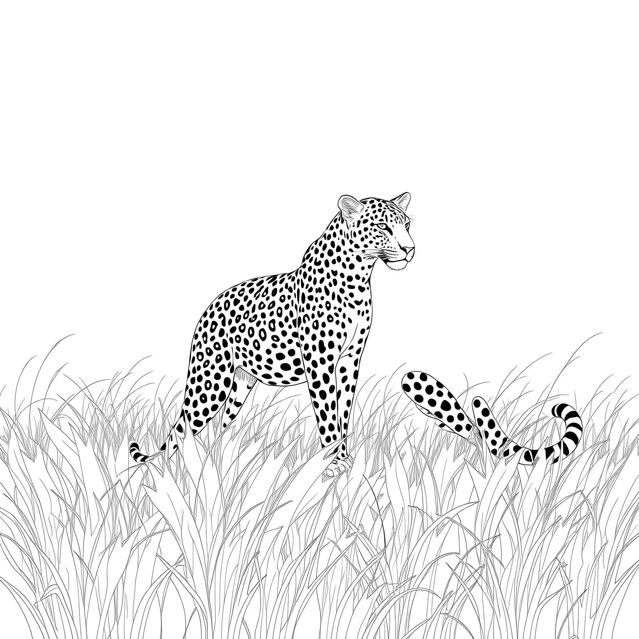 Leopard sitting in tall grass Coloring Page (free black-and-white line drawing printable PDF for all, from beginners to advanced learners, including children, teens, adults, and seniors)