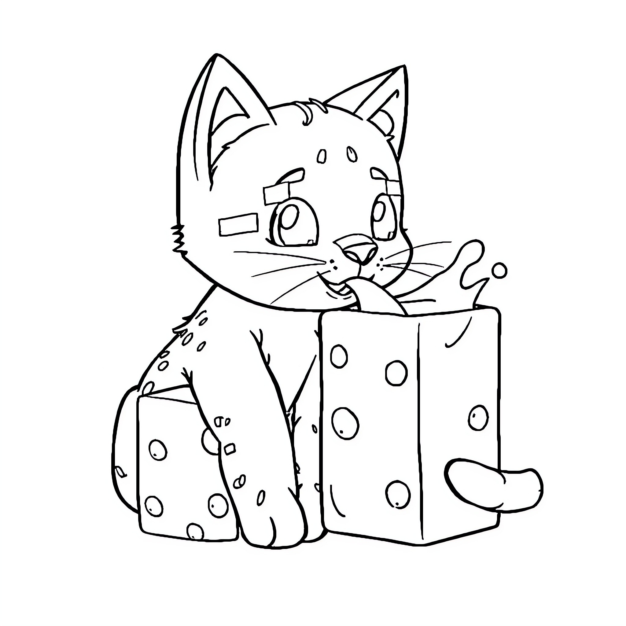 Cat playing with spotted box Coloring Page (free black-and-white line drawing printable PDF for all, from beginners to advanced learners, including children, teens, adults, and seniors)