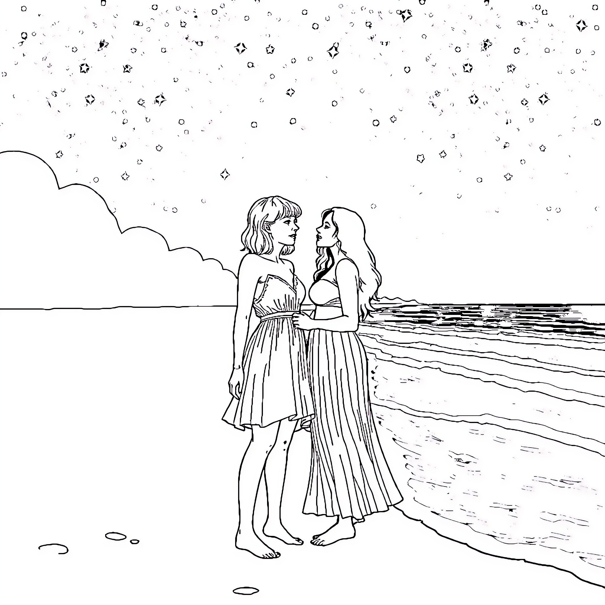 Taylor Swift and companion enjoying a serene beach scene Coloring Page (free black-and-white line drawing printable PDF for all, from beginners to advanced learners, including children, teens, adults, and seniors)