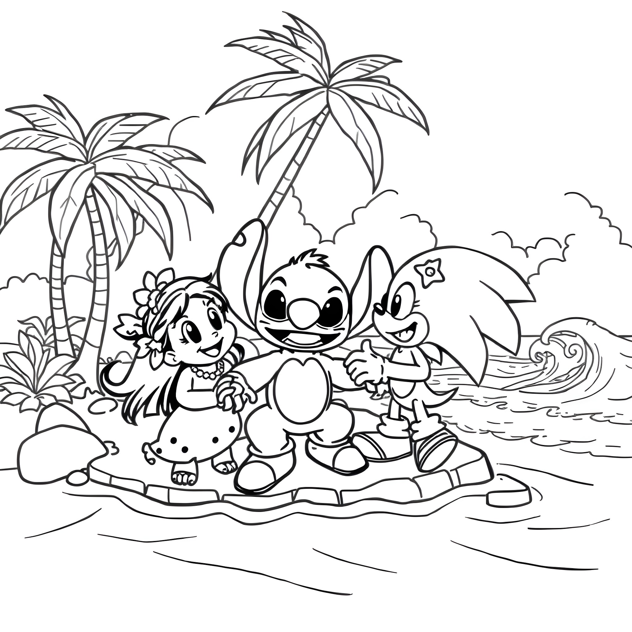 Lilo and friends playing on the beach Coloring Page (free black-and-white line drawing printable PDF for all, from beginners to advanced learners, including children, teens, adults, and seniors)