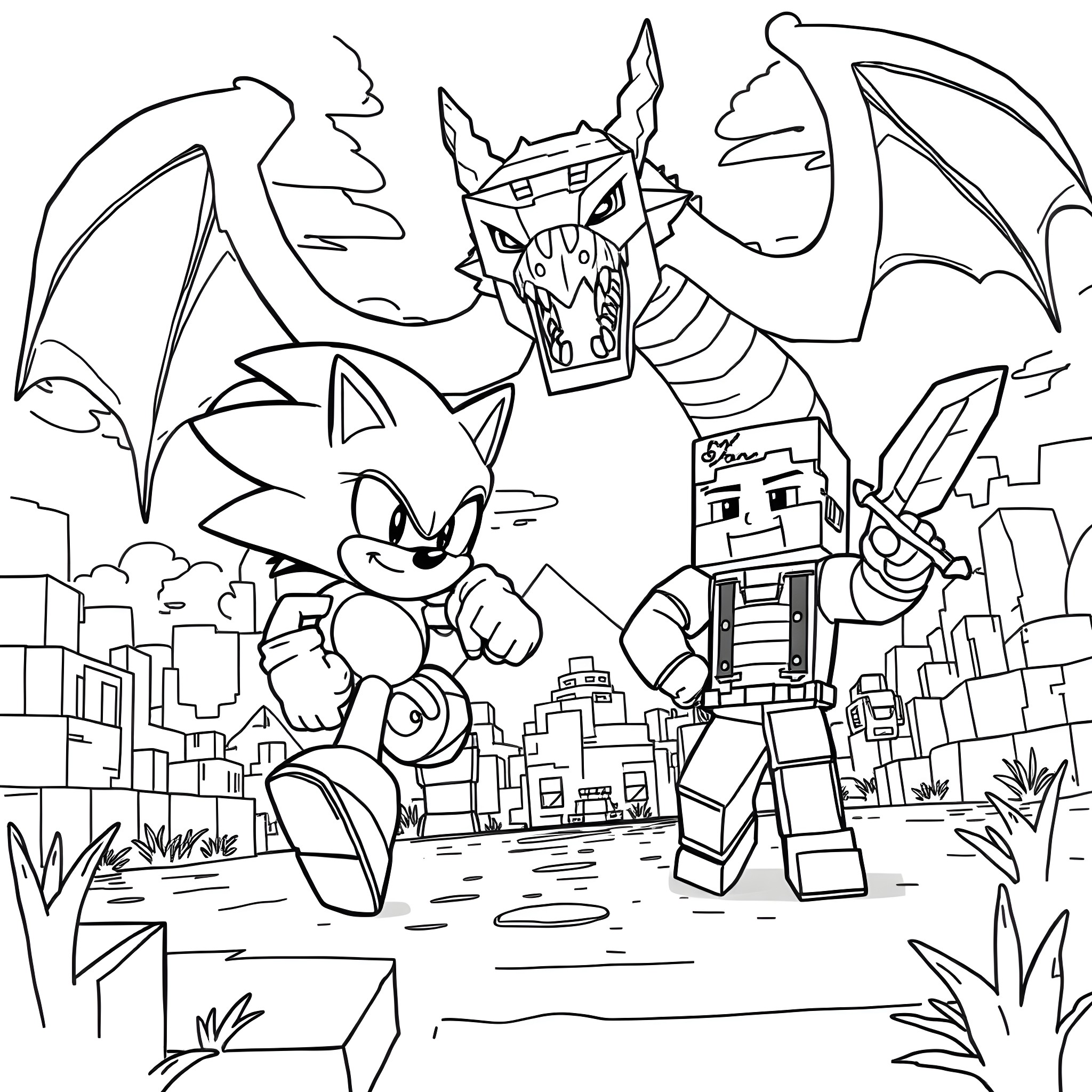 Sonic Battles Giant Robot Dragon in City Coloring Page (free black-and-white line drawing printable PDF for all, from beginners to advanced learners, including children, teens, adults, and seniors)