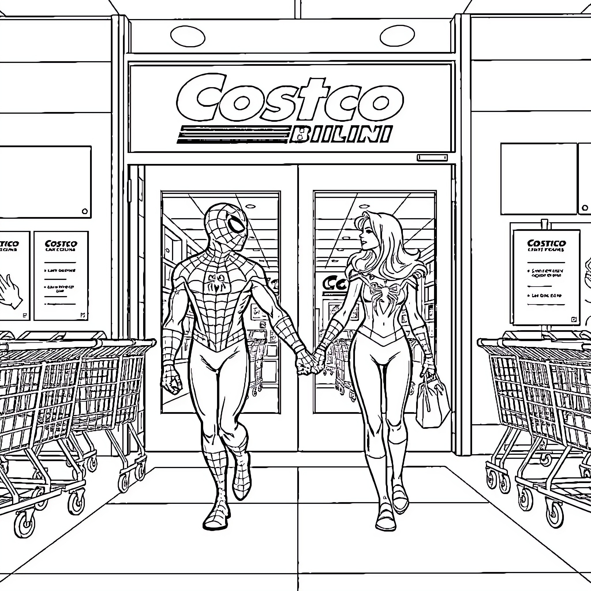 Spiderman and Friend Shopping at Costco Coloring Page (free black-and-white line drawing printable PDF for all, from beginners to advanced learners, including children, teens, adults, and seniors)