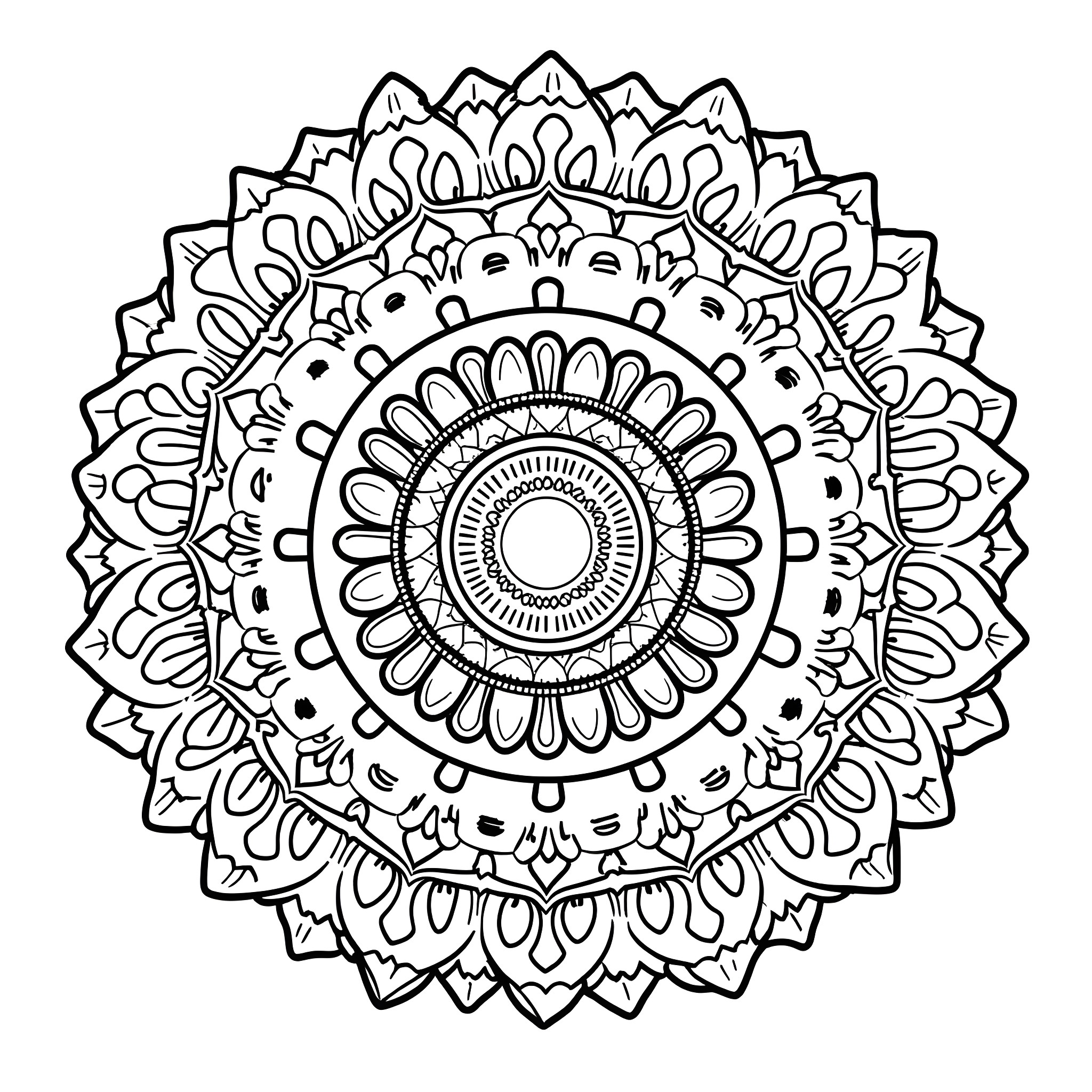 Mandala design with intricate floral patterns Coloring Page (free black-and-white line drawing printable PDF for all, from beginners to advanced learners, including children, teens, adults, and seniors)