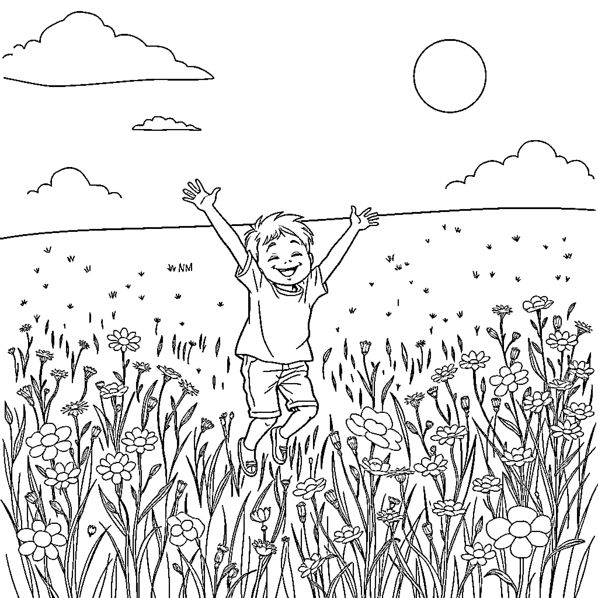 Boy joyfully running through a field of flowers Coloring Page (free black-and-white line drawing printable PDF for all, from beginners to advanced learners, including children, teens, adults, and seniors)