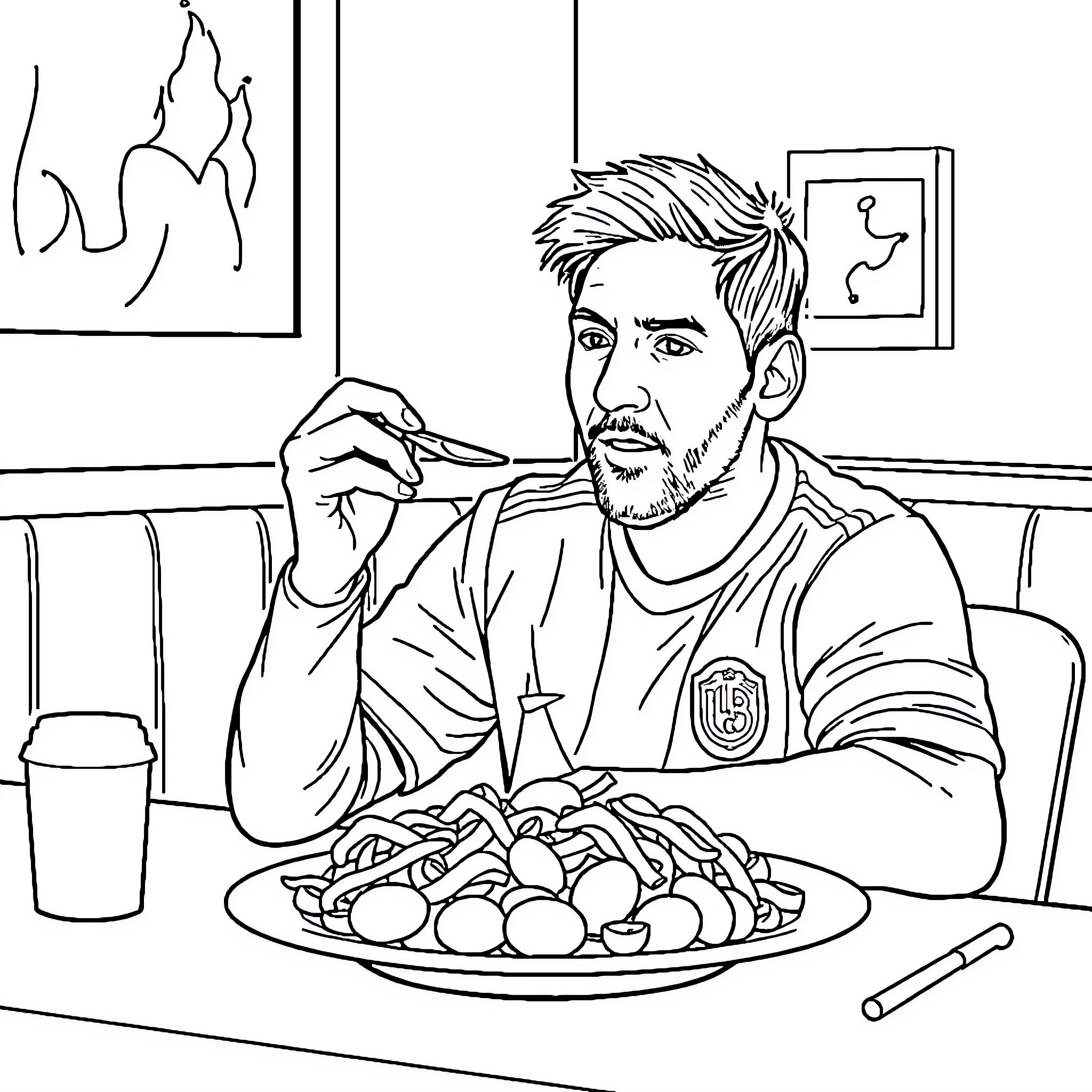 Messi enjoying a meal in a cozy setting Coloring Page (free black-and-white line drawing printable PDF for all, from beginners to advanced learners, including children, teens, adults, and seniors)