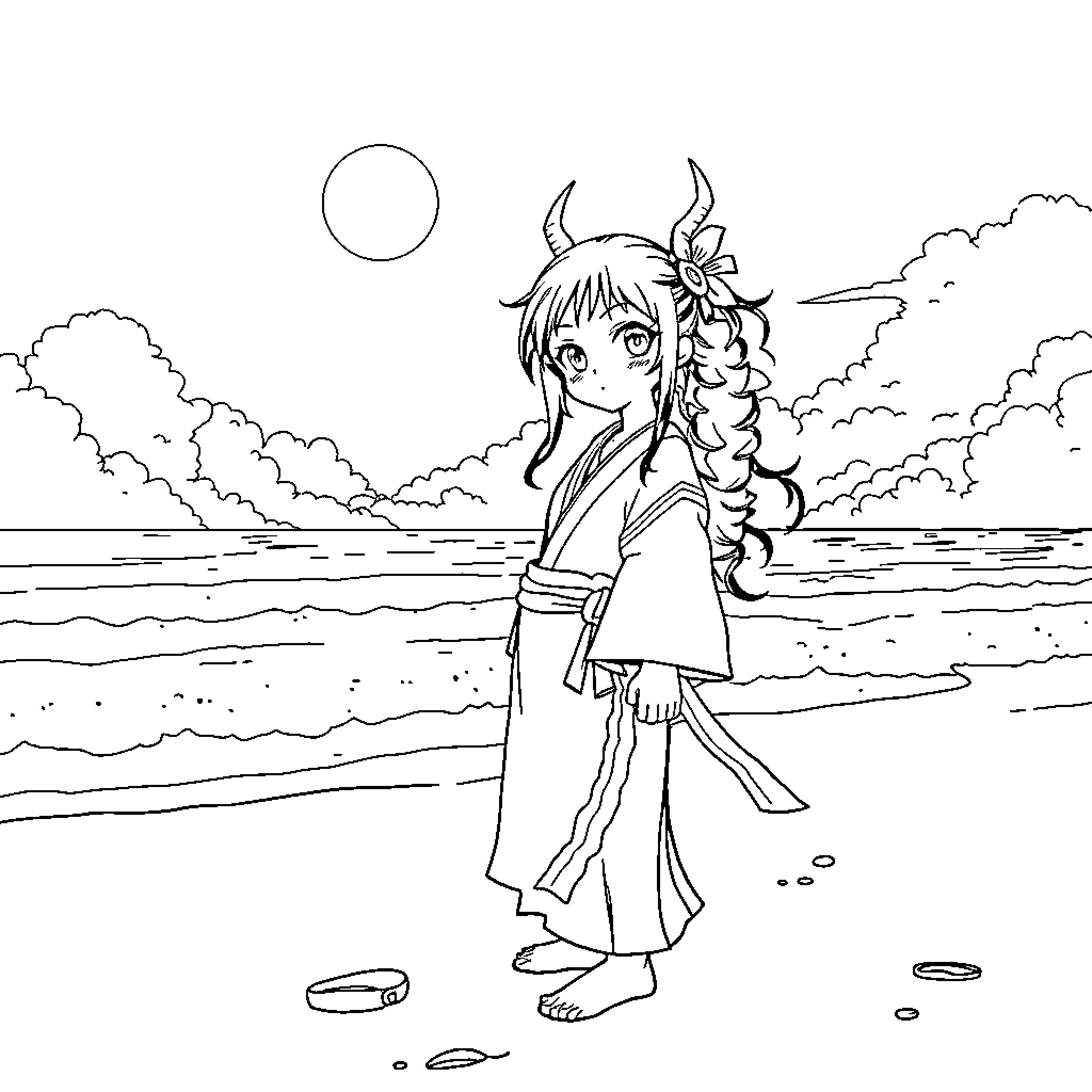 Nezuko enjoying the serene beach scenery Coloring Page (free black-and-white line drawing printable PDF for all, from beginners to advanced learners, including children, teens, adults, and seniors)