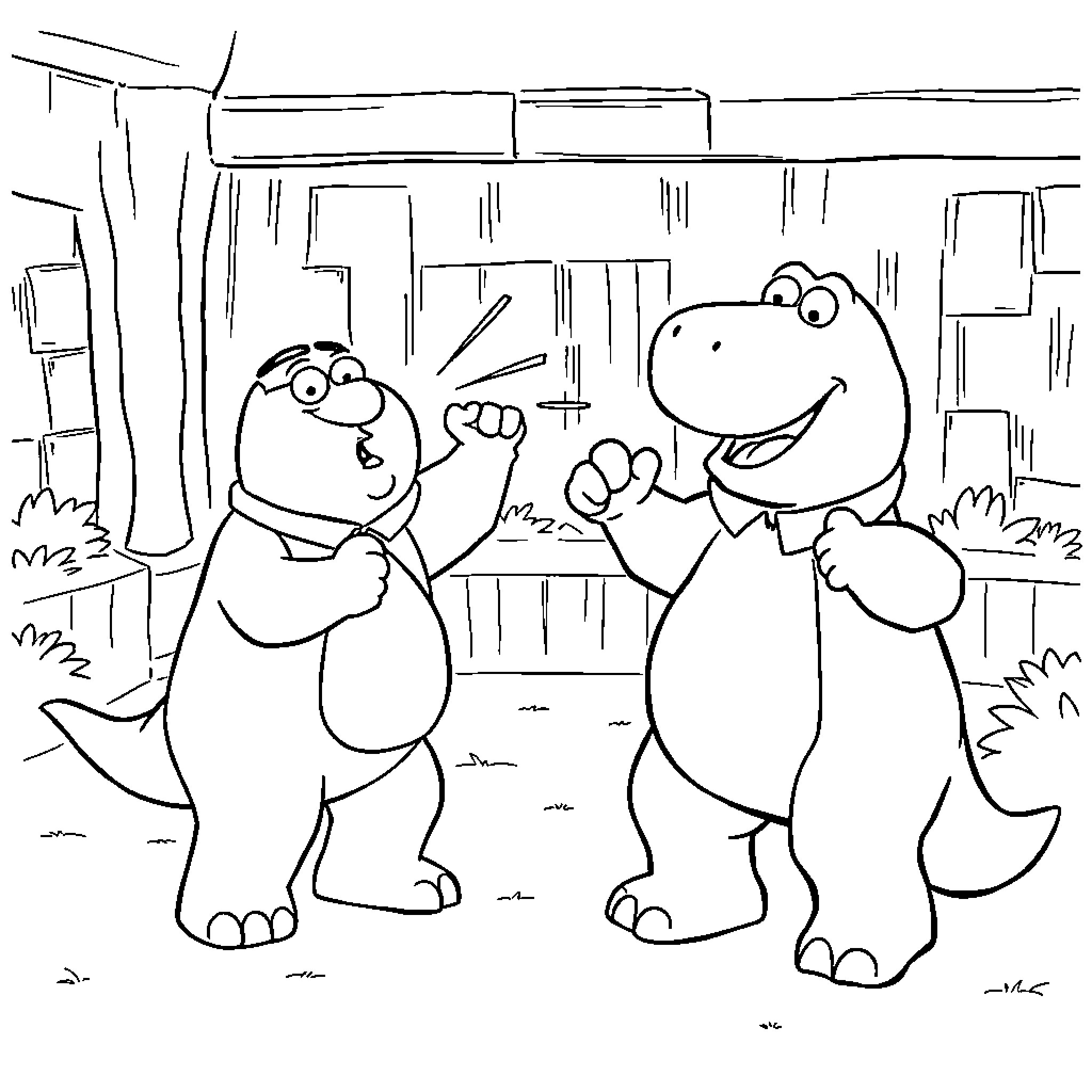 Peter Griffin and Friends in Humorous Cartoon Antics Coloring Page (free black-and-white line drawing printable PDF for all, from beginners to advanced learners, including children, teens, adults, and seniors)