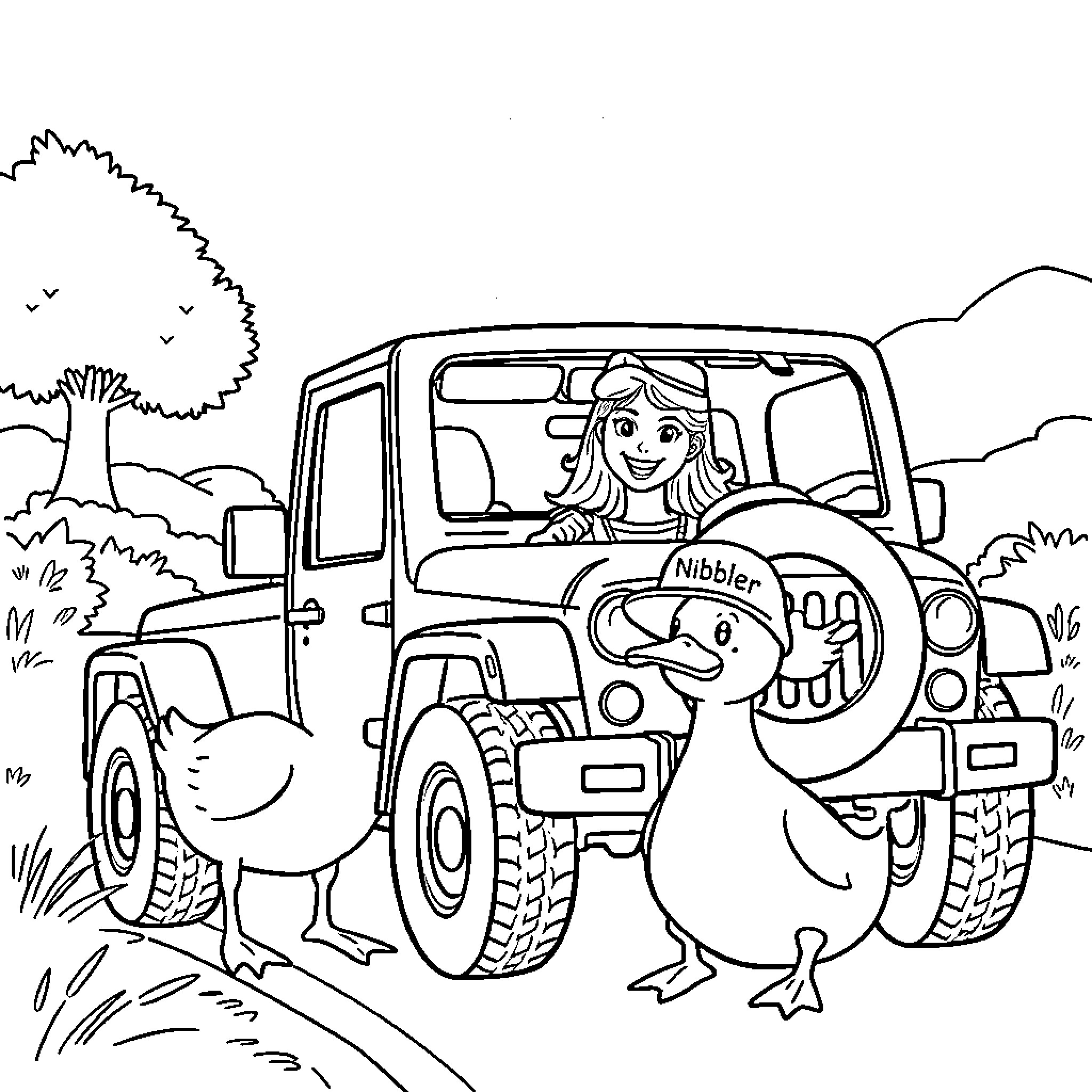 Woman driving vehicle with animals Coloring Page (free black-and-white line drawing printable PDF for all, from beginners to advanced learners, including children, teens, adults, and seniors)