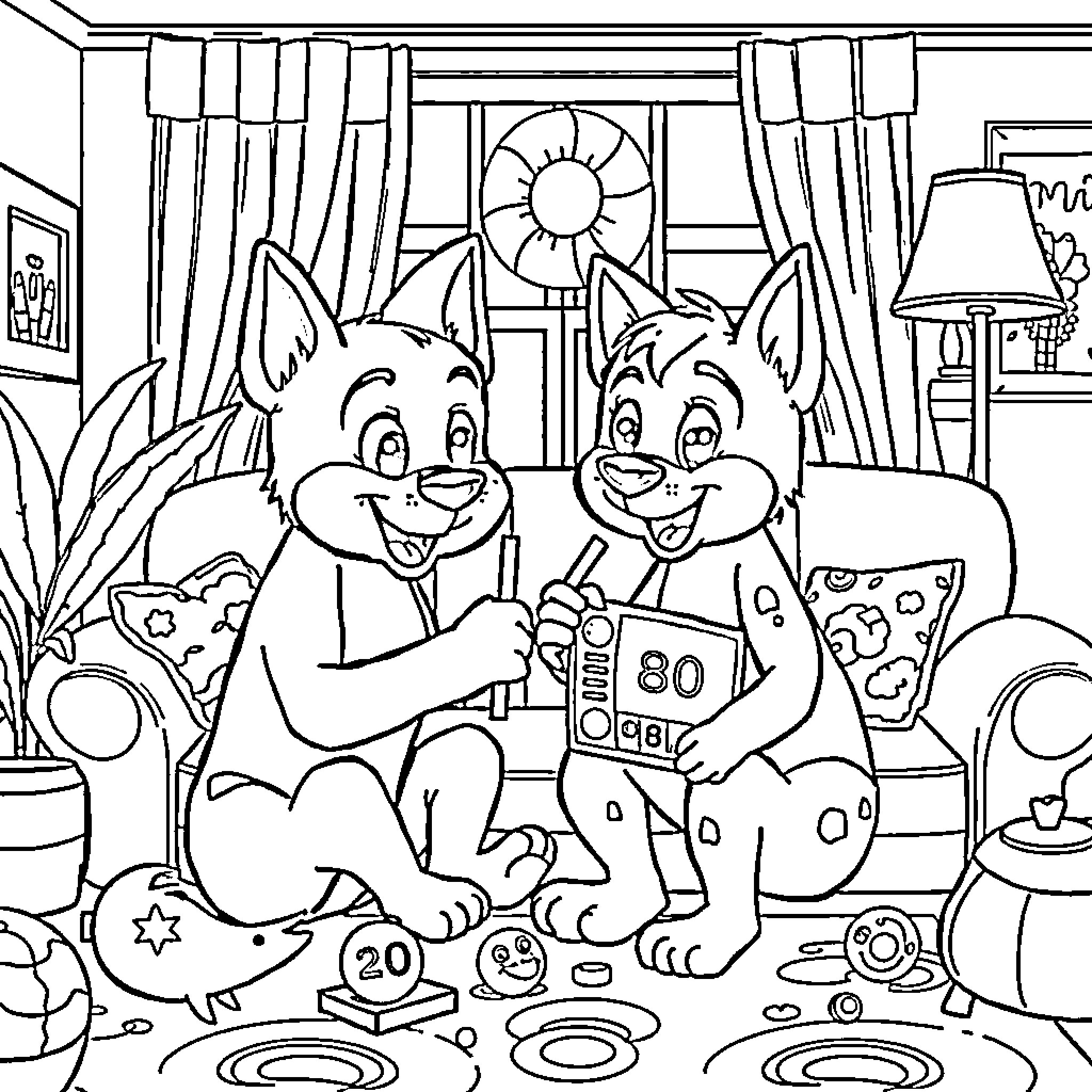 Bluey and Bingo playing happily at home Coloring Page (free black-and-white line drawing printable PDF for all, from beginners to advanced learners, including children, teens, adults, and seniors)