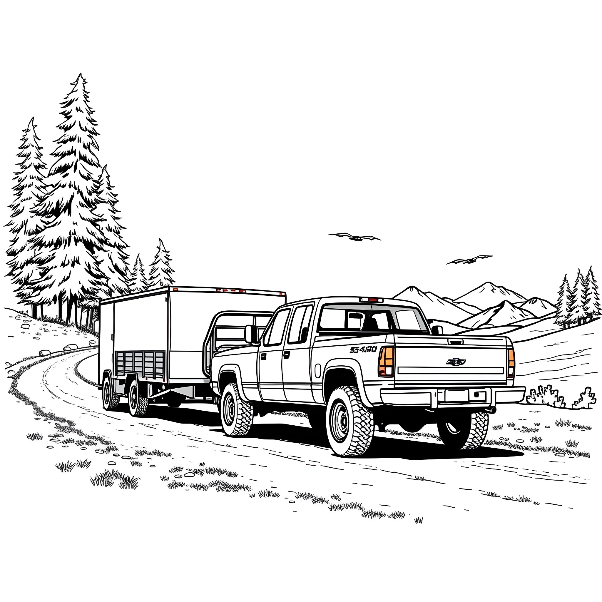 Truck hauling cargo in mountain landscape Coloring Page (free black-and-white line drawing printable PDF for all, from beginners to advanced learners, including children, teens, adults, and seniors)
