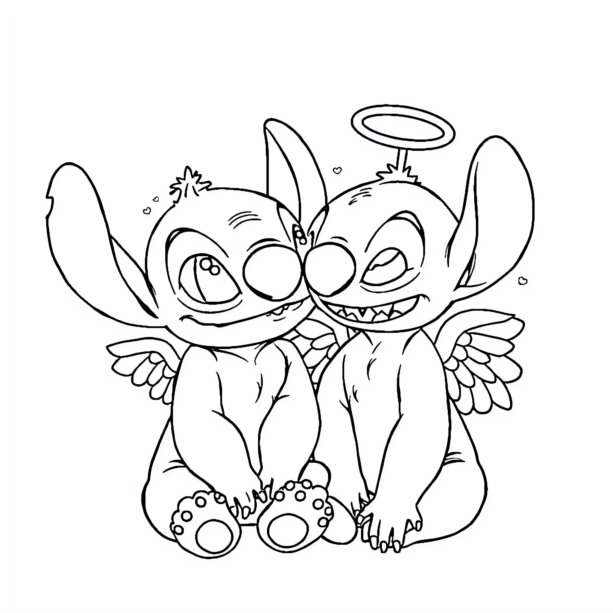 Stitch and Angel Embracing Playfully Coloring Page (free black-and-white line drawing printable PDF for all, from beginners to advanced learners, including children, teens, adults, and seniors)
