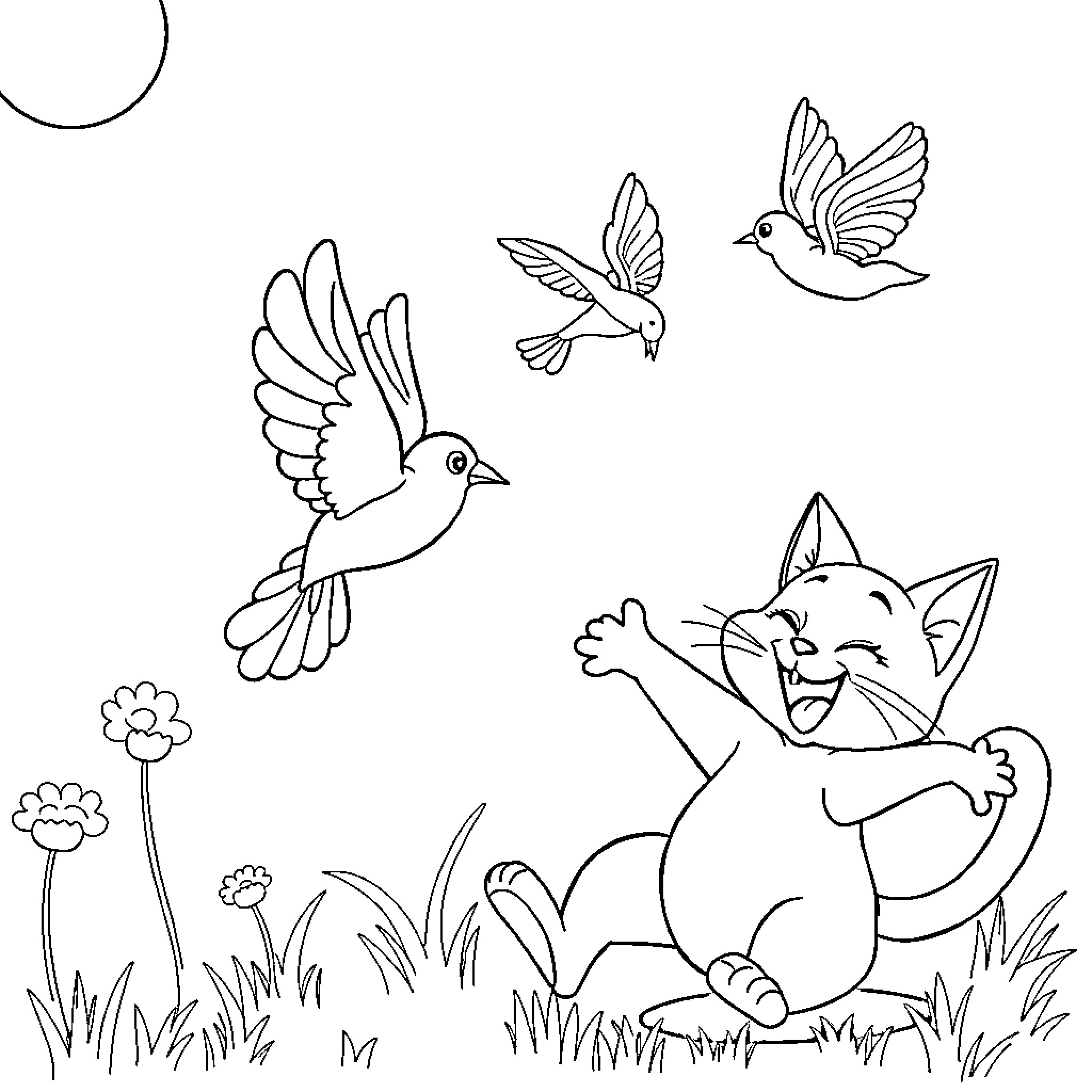 Cat chasing playfully with birds in nature Coloring Page (free black-and-white line drawing printable PDF for all, from beginners to advanced learners, including children, teens, adults, and seniors)