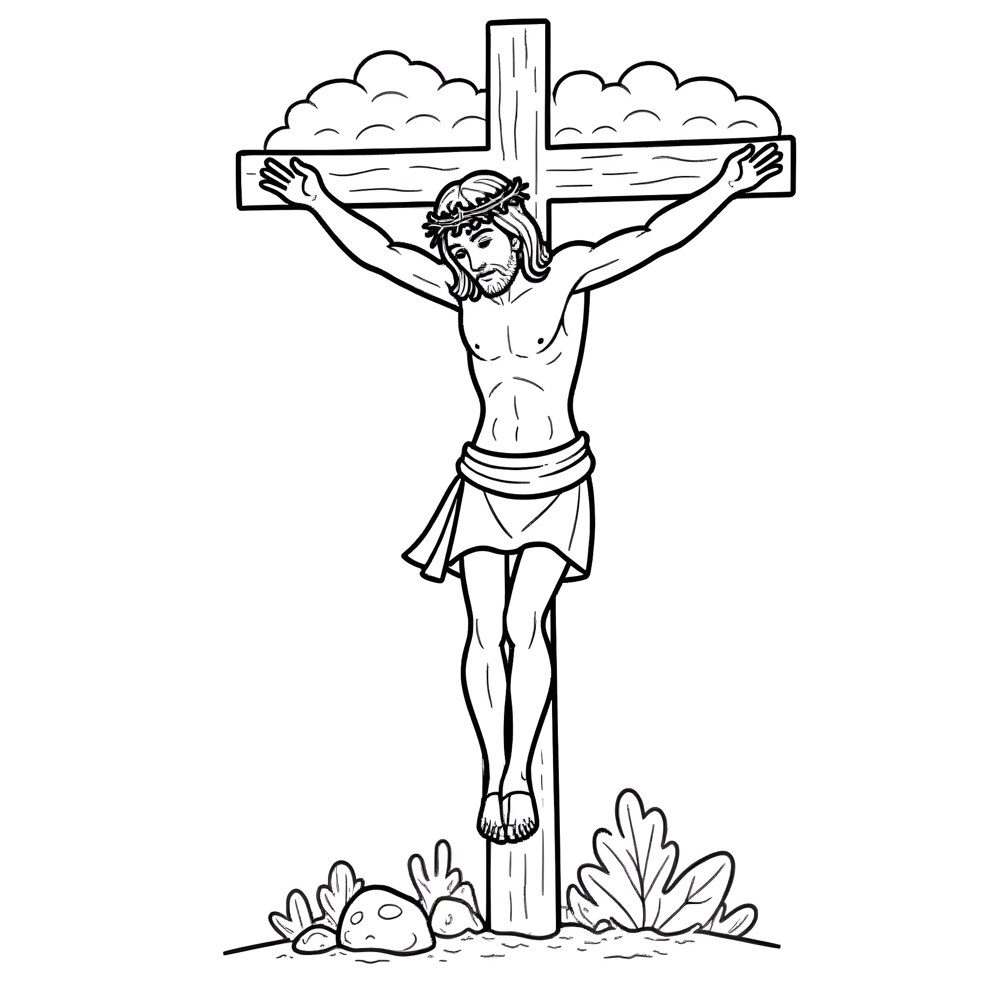 Jesus Christ crucified on the cross Coloring Page (free black-and-white line drawing printable PDF for all, from beginners to advanced learners, including children, teens, adults, and seniors)