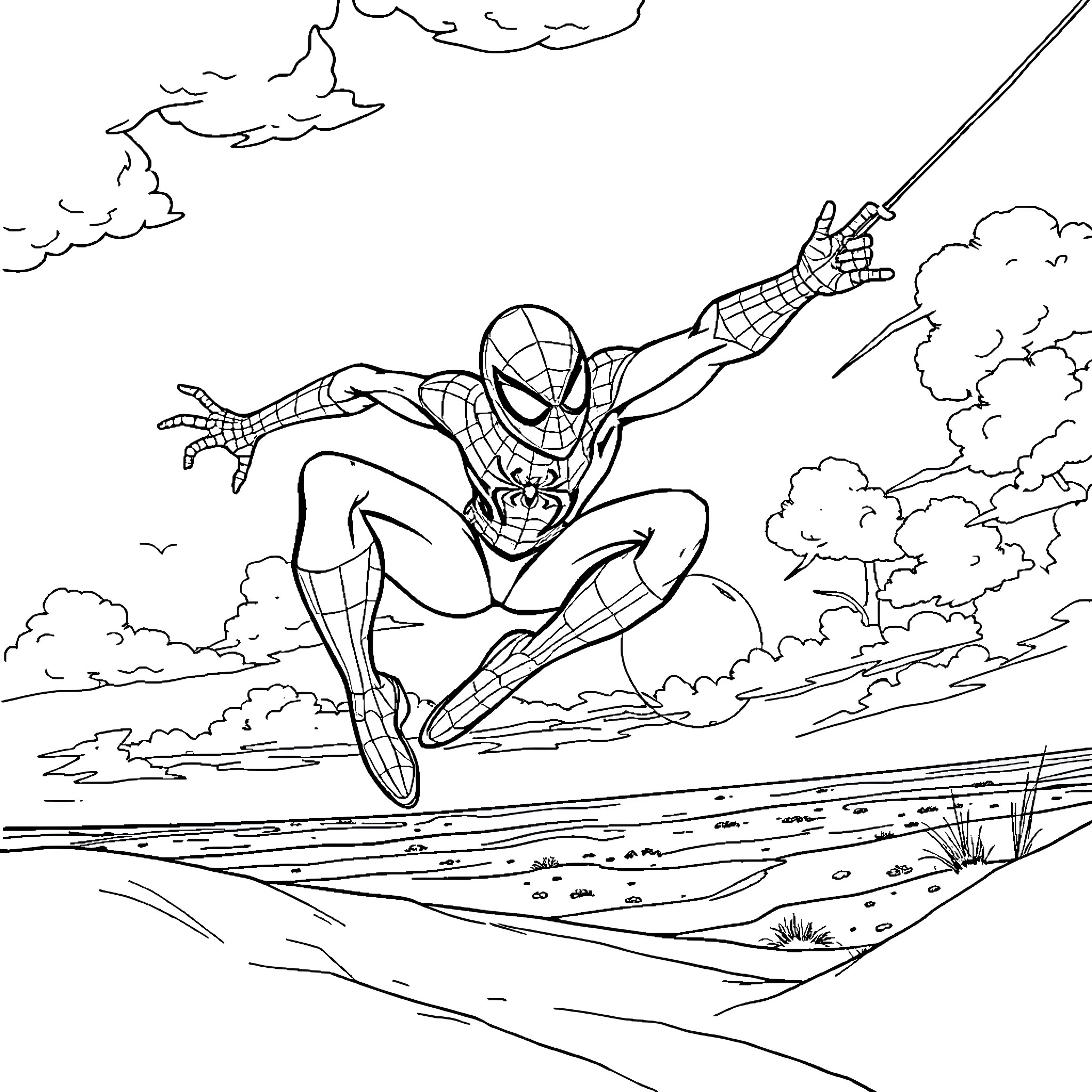 Spiderman swinging through the city skyline Coloring Page (free black-and-white line drawing printable PDF for all, from beginners to advanced learners, including children, teens, adults, and seniors)