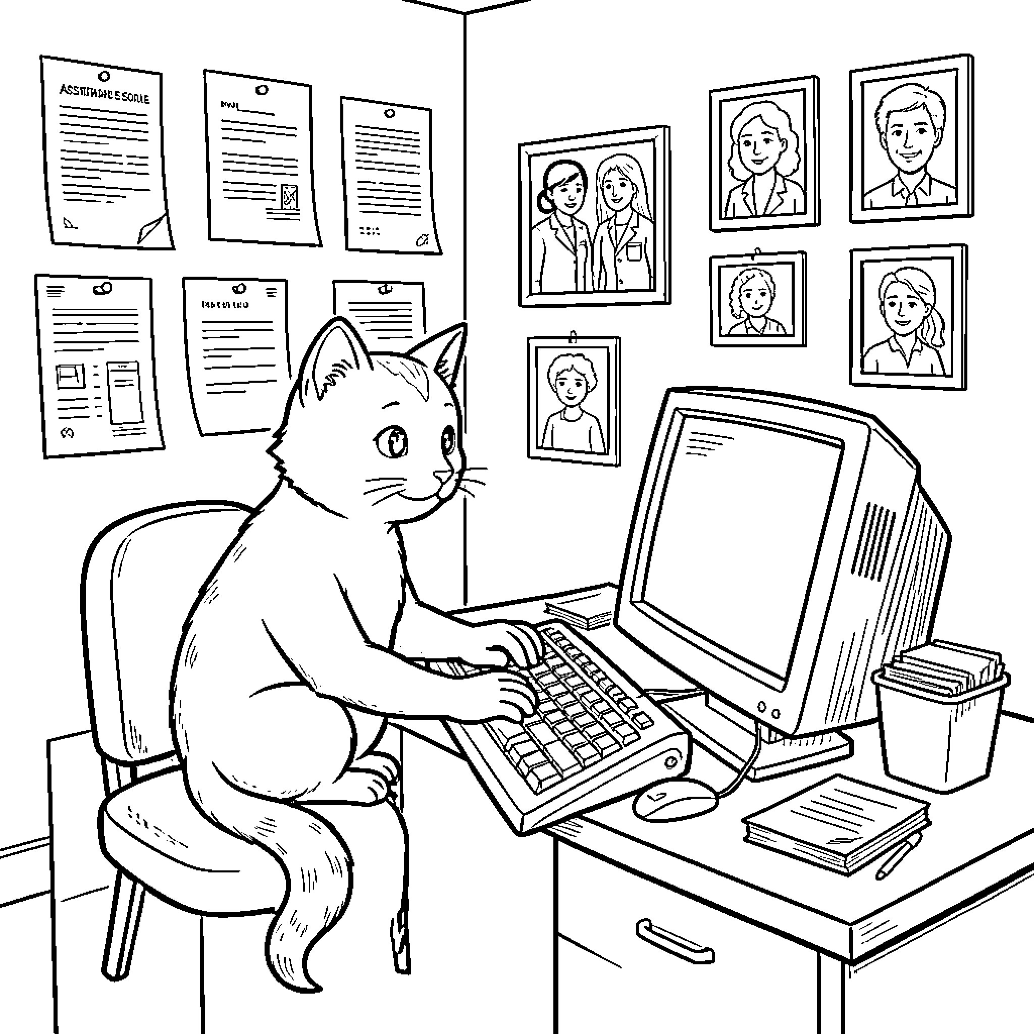 Cat working diligently on computer in office Coloring Page (free black-and-white line drawing printable PDF for all, from beginners to advanced learners, including children, teens, adults, and seniors)