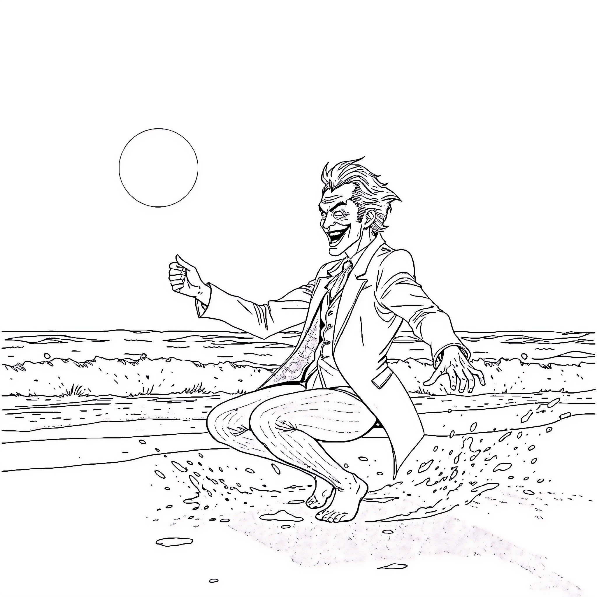 Joker's Mischievous Antics on the Beach Coloring Page (free black-and-white line drawing printable PDF for all, from beginners to advanced learners, including children, teens, adults, and seniors)