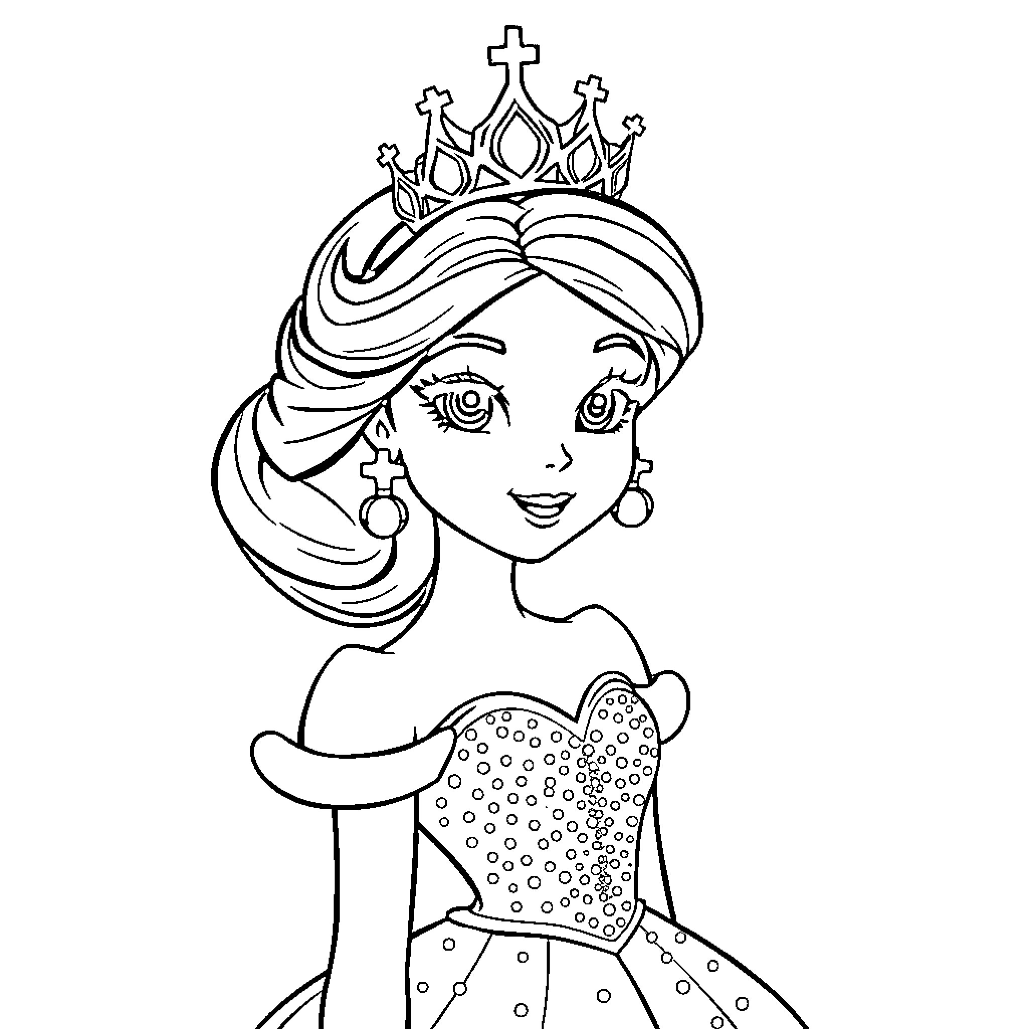 Princess with Ornate Crown and Dress Coloring Page (free black-and-white line drawing printable PDF for all, from beginners to advanced learners, including children, teens, adults, and seniors)
