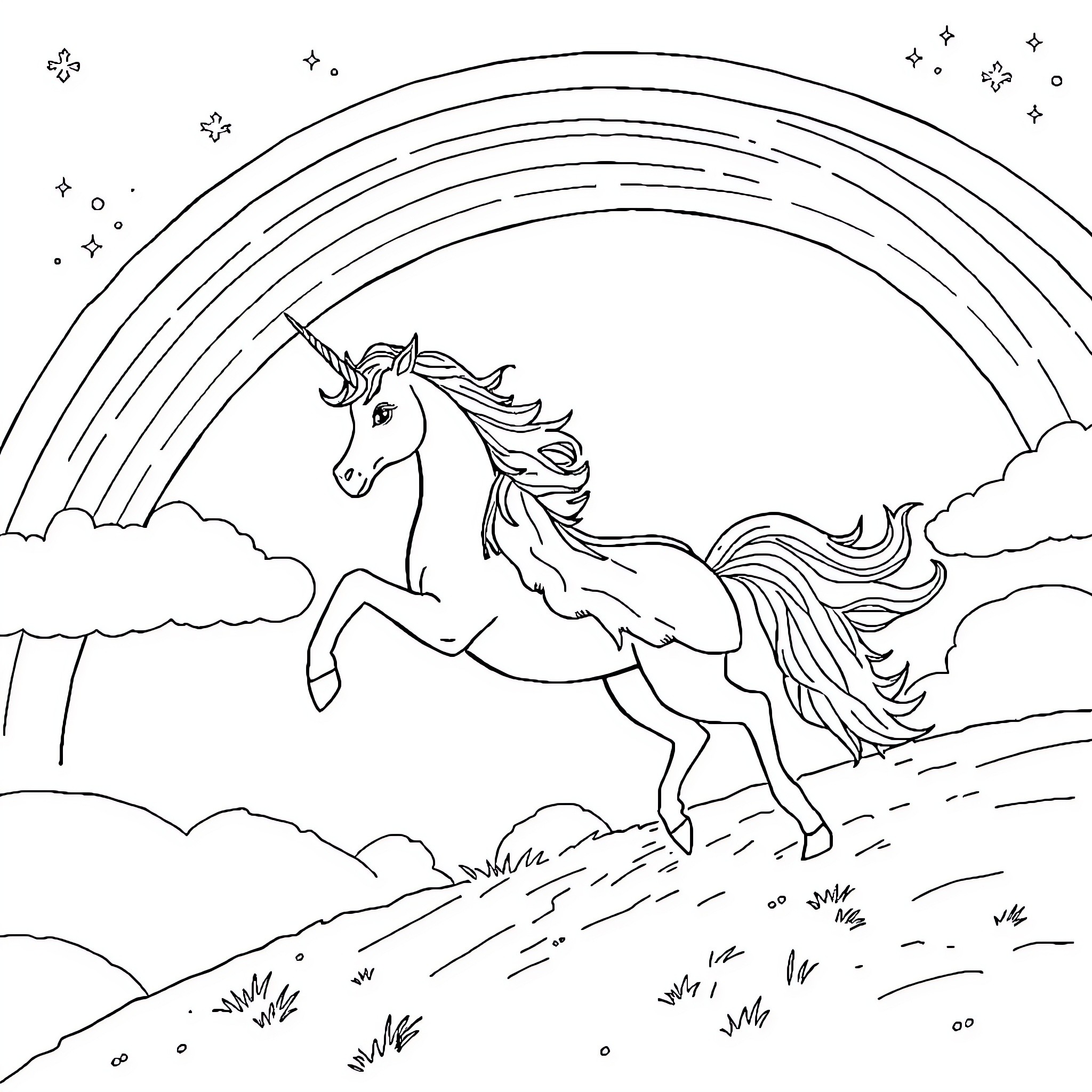 Snow Queen's Enchanted Unicorn Prancing through the Starry Sky Coloring Page (free black-and-white line drawing printable PDF for all, from beginners to advanced learners, including children, teens, adults, and seniors)