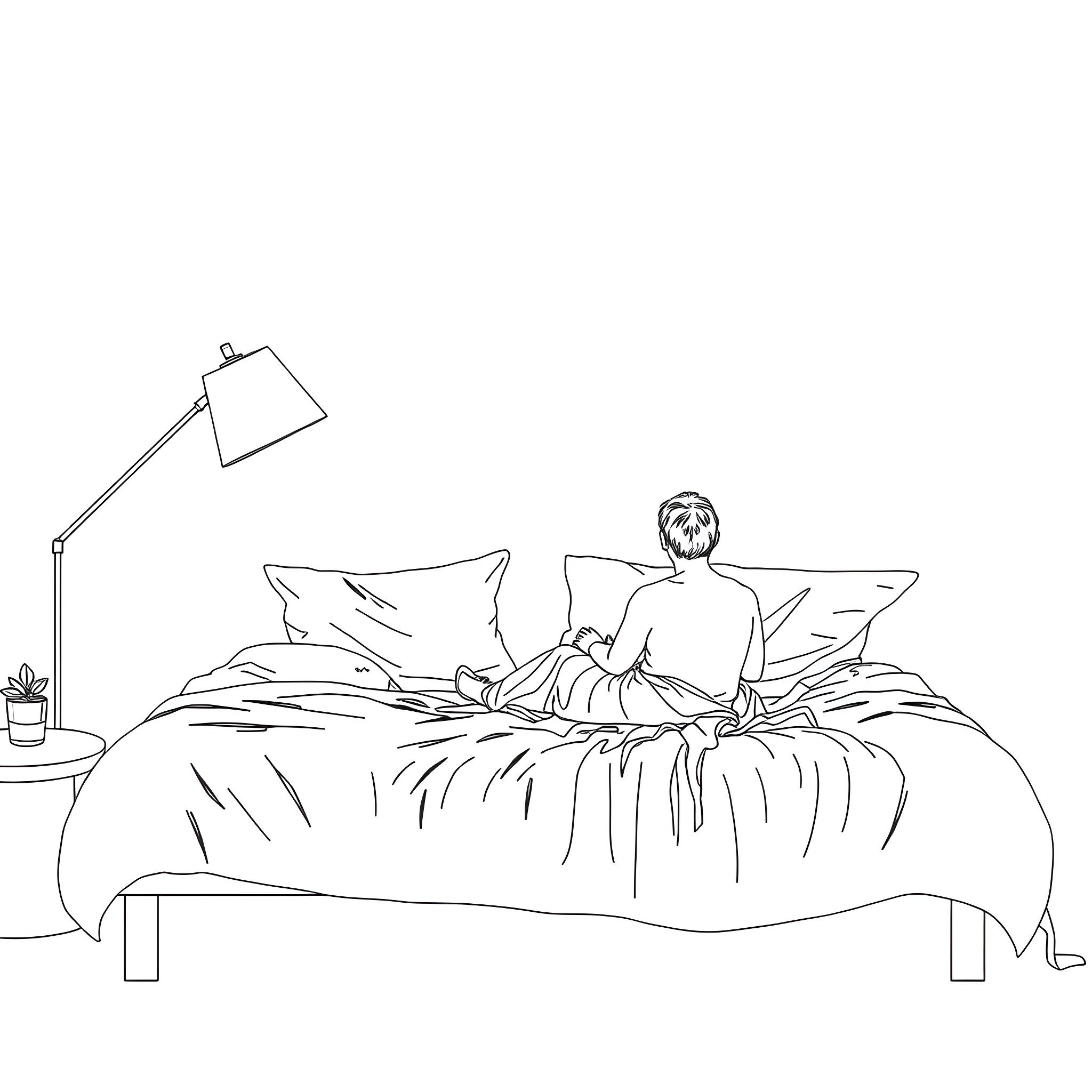 Women relaxing in comfortable bedroom setting Coloring Page (free black-and-white line drawing printable PDF for all, from beginners to advanced learners, including children, teens, adults, and seniors)