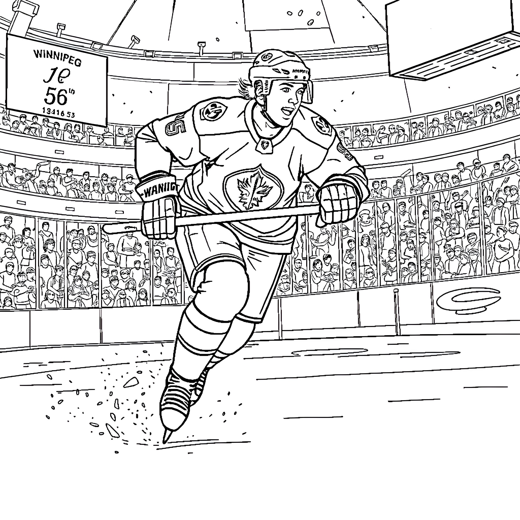 Adam Lowry skating on the ice in hockey gear Coloring Page (free black-and-white line drawing printable PDF for all, from beginners to advanced learners, including children, teens, adults, and seniors)