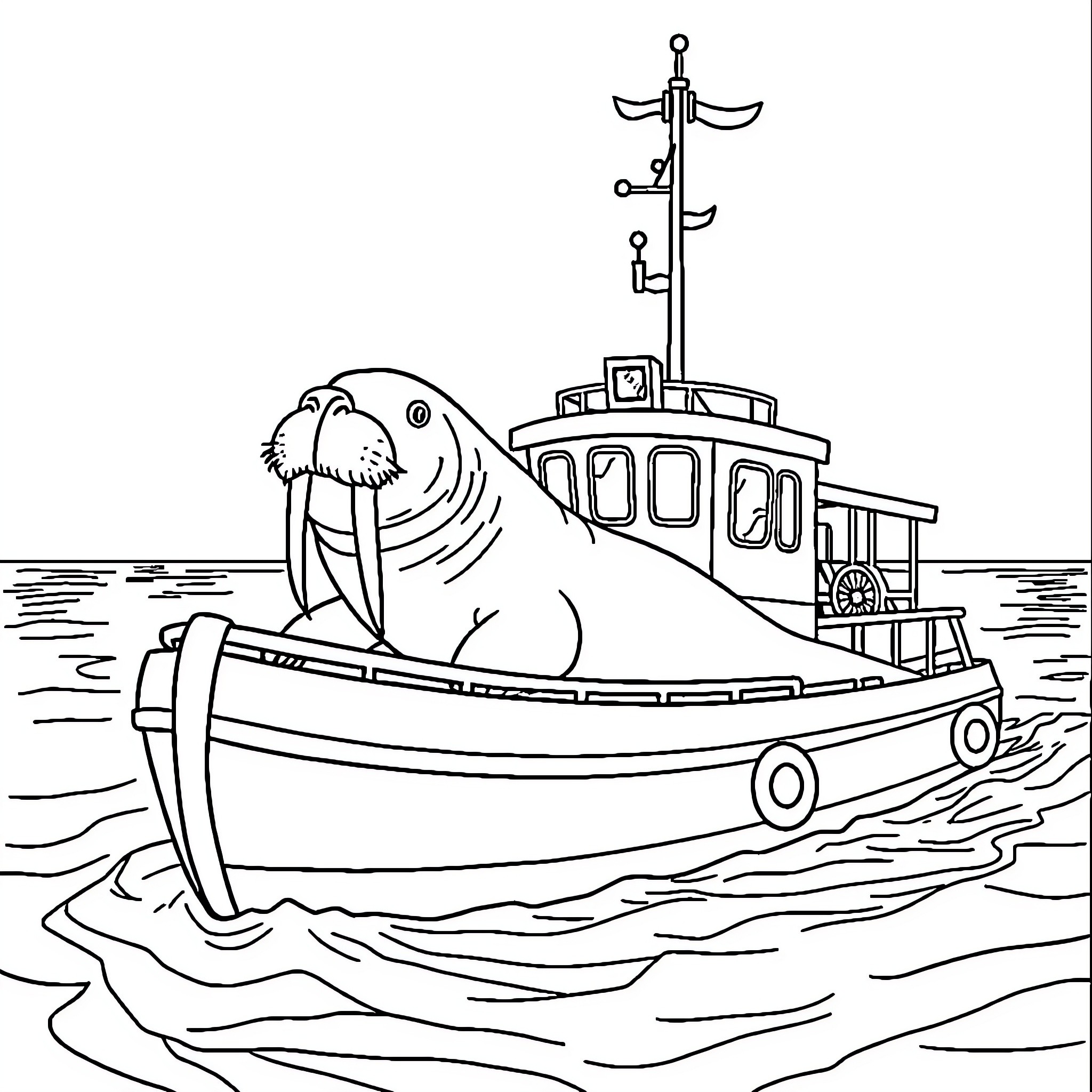 Walrus relaxing on a tugboat near the shore Coloring Page (free black-and-white line drawing printable PDF for all, from beginners to advanced learners, including children, teens, adults, and seniors)
