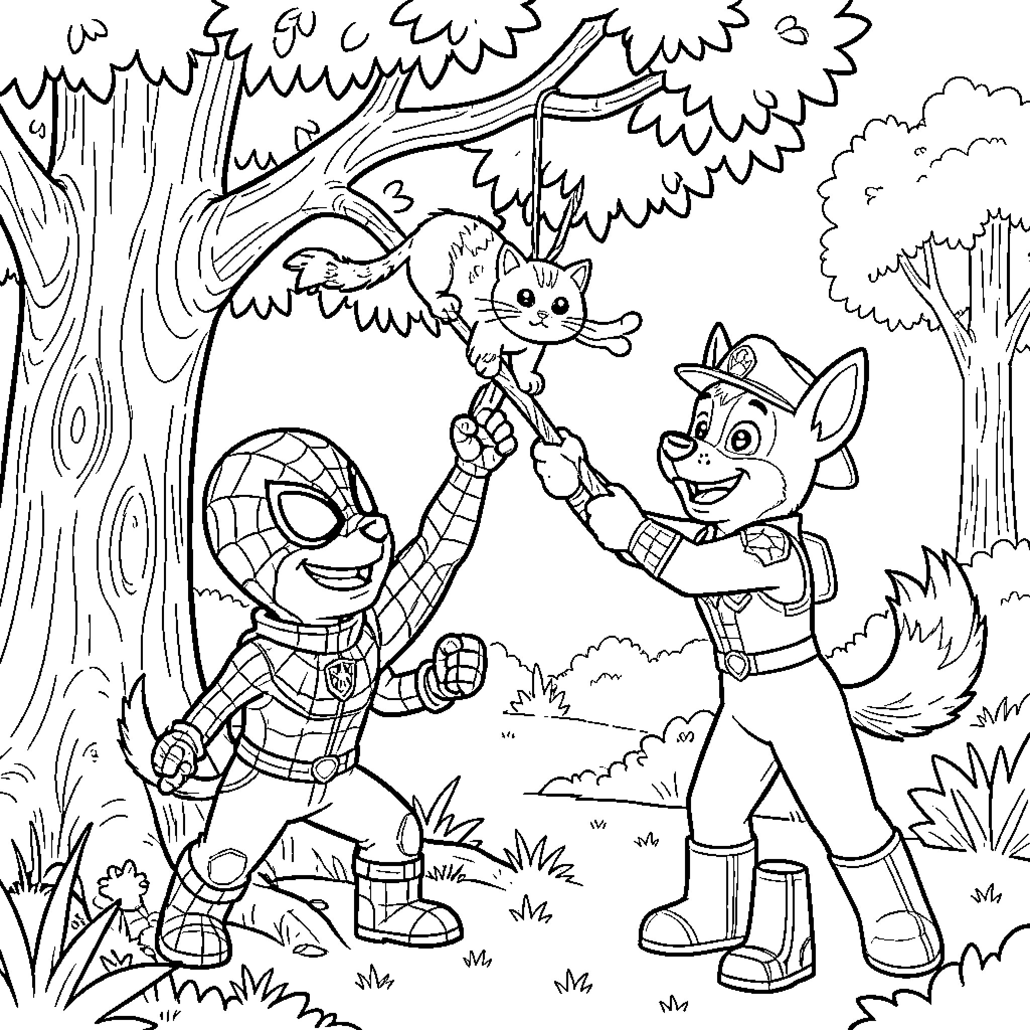 Spiderman and a puppy playing with a cat Coloring Page (free black-and-white line drawing printable PDF for all, from beginners to advanced learners, including children, teens, adults, and seniors)