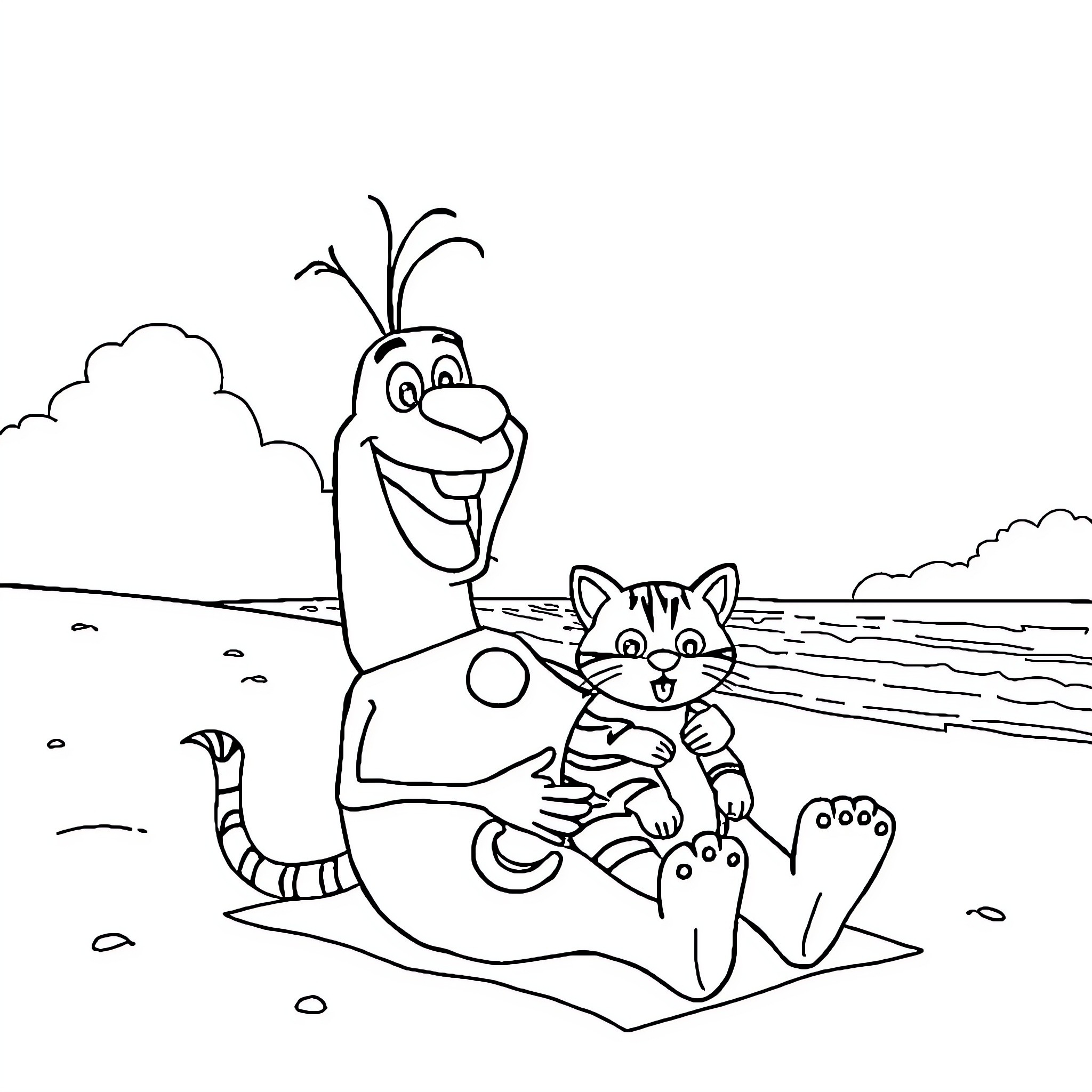Olaf and his animal friends at the beach Coloring Page (free black-and-white line drawing printable PDF for all, from beginners to advanced learners, including children, teens, adults, and seniors)