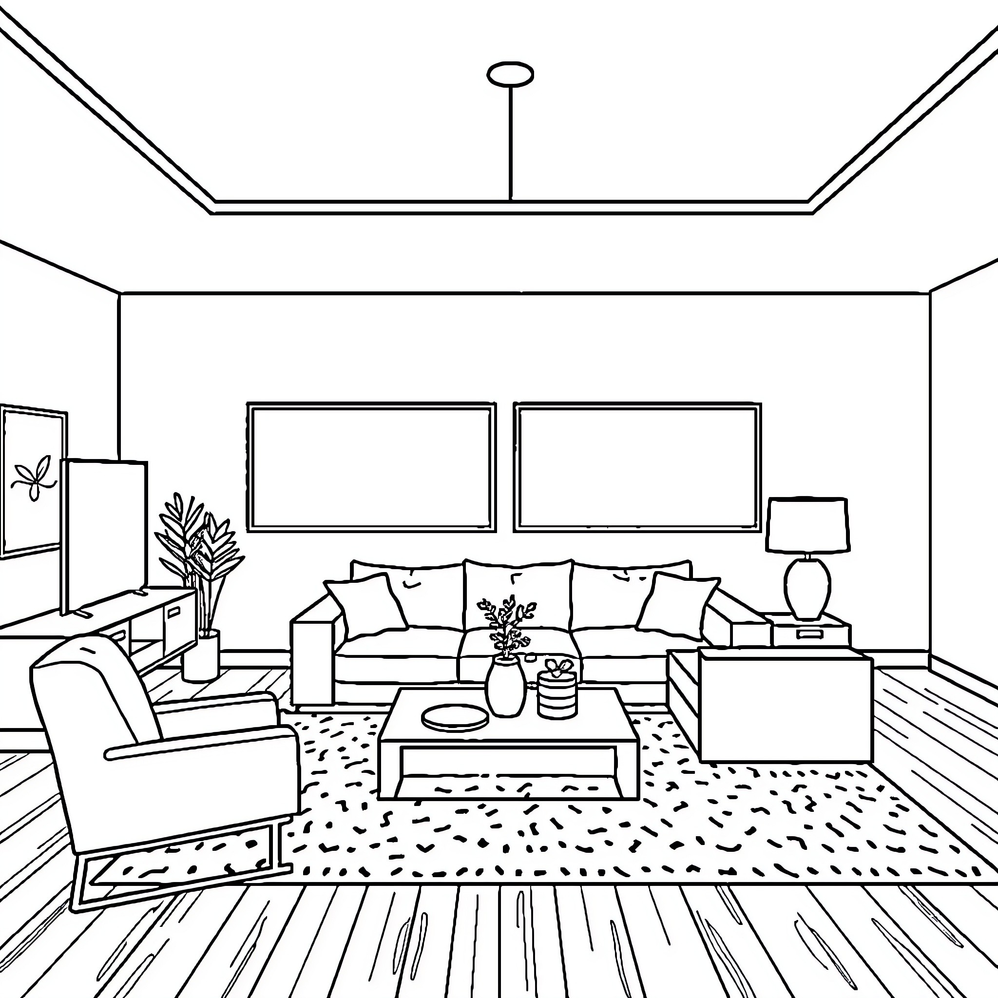 Interior with Furniture and Decor Coloring Page (free black-and-white line drawing printable PDF for all, from beginners to advanced learners, including children, teens, adults, and seniors)