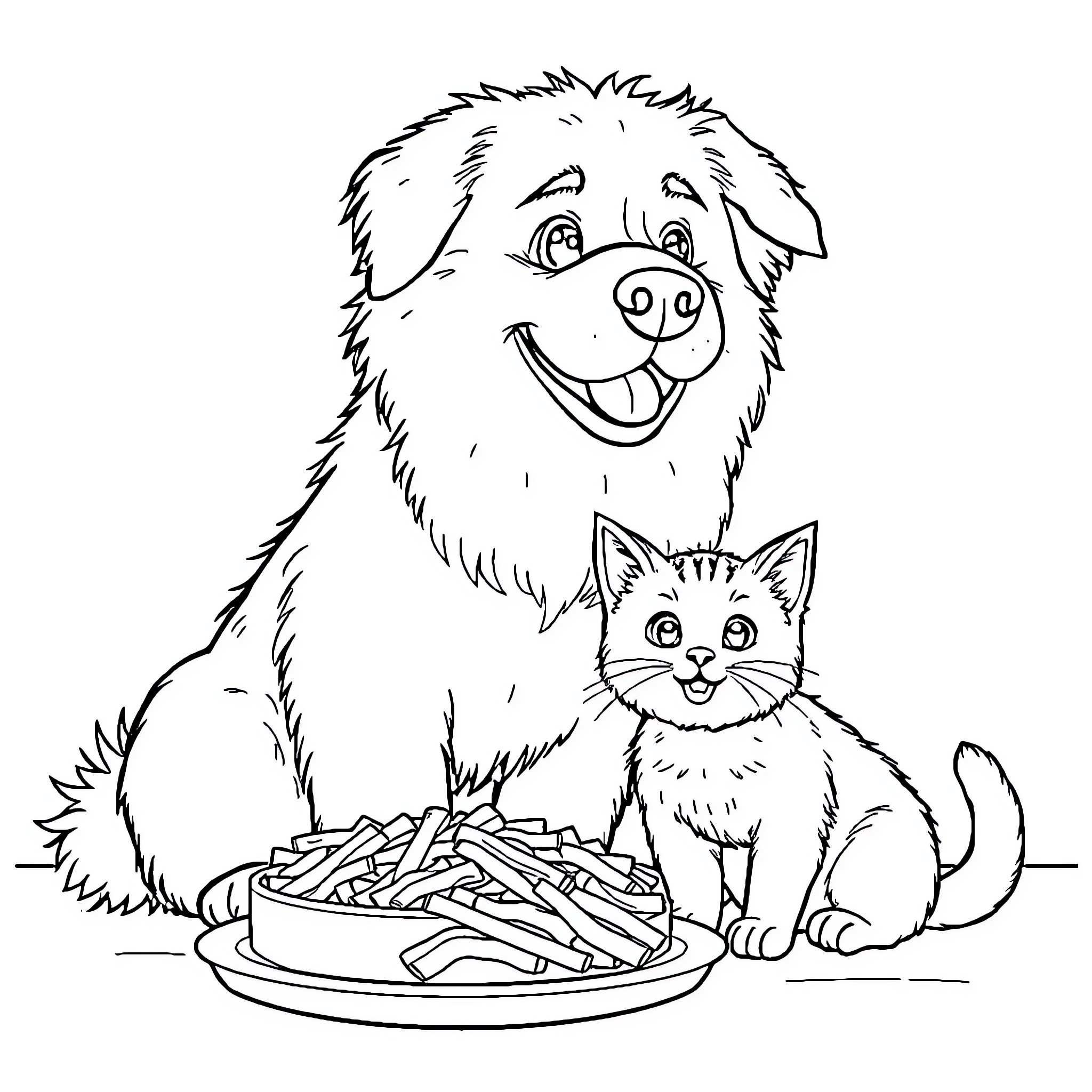 Dog and cat sharing a meal Coloring Page (free black-and-white line drawing printable PDF for all, from beginners to advanced learners, including children, teens, adults, and seniors)