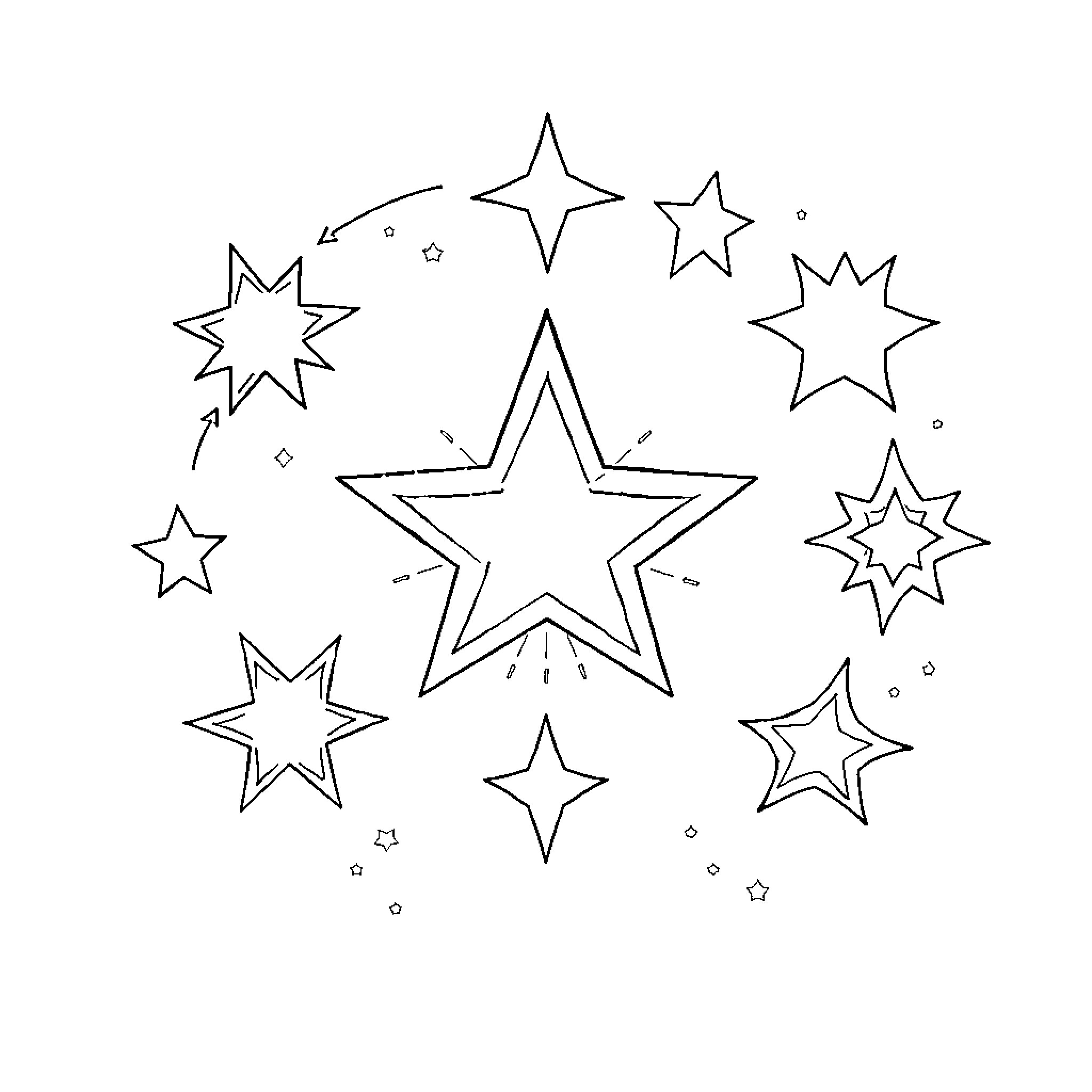 Star-shaped objects in starry patterns Coloring Page (free black-and-white line drawing printable PDF for all, from beginners to advanced learners, including children, teens, adults, and seniors)