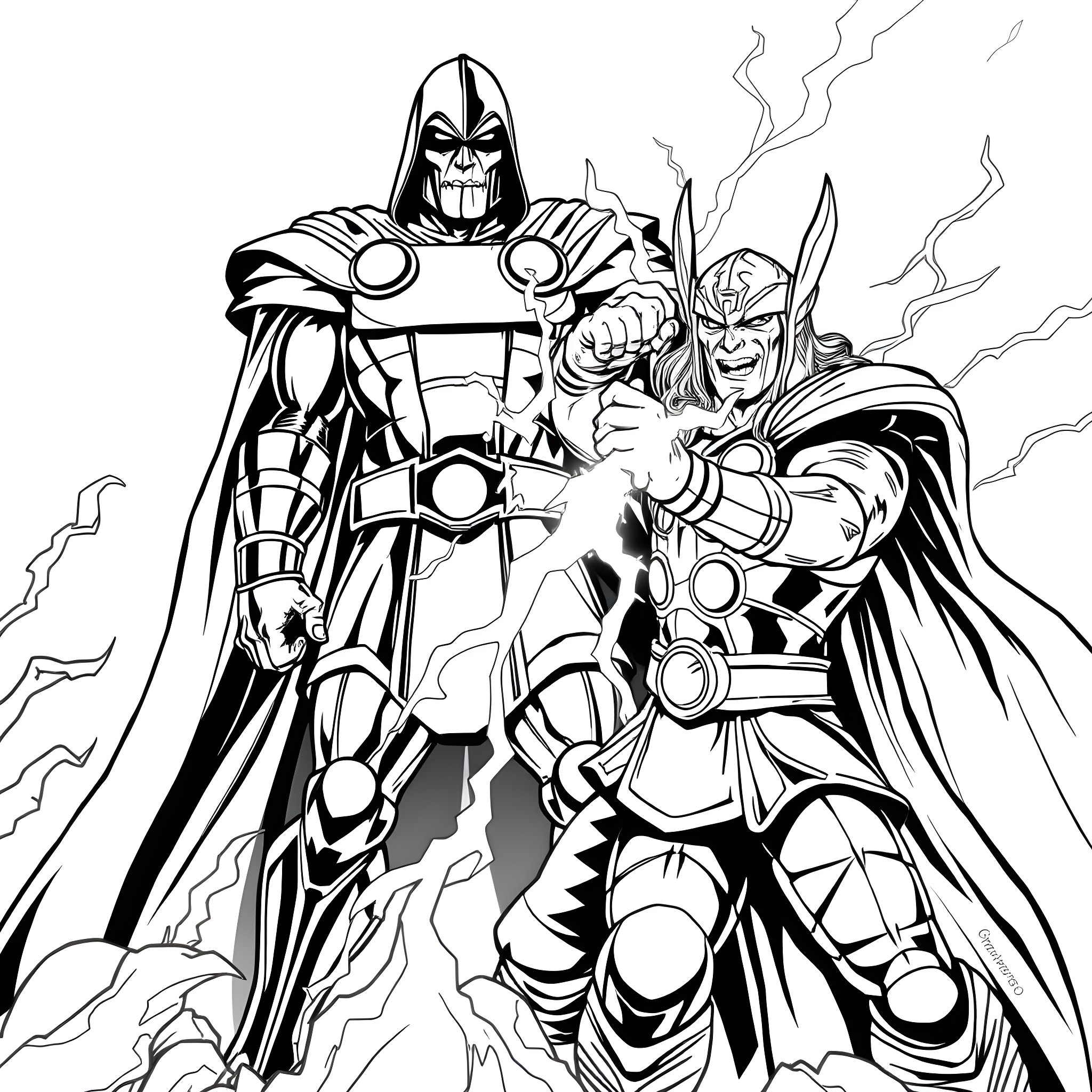 Dr. Doom and Thor battling in epic confrontation Coloring Page (free black-and-white line drawing printable PDF for all, from beginners to advanced learners, including children, teens, adults, and seniors)