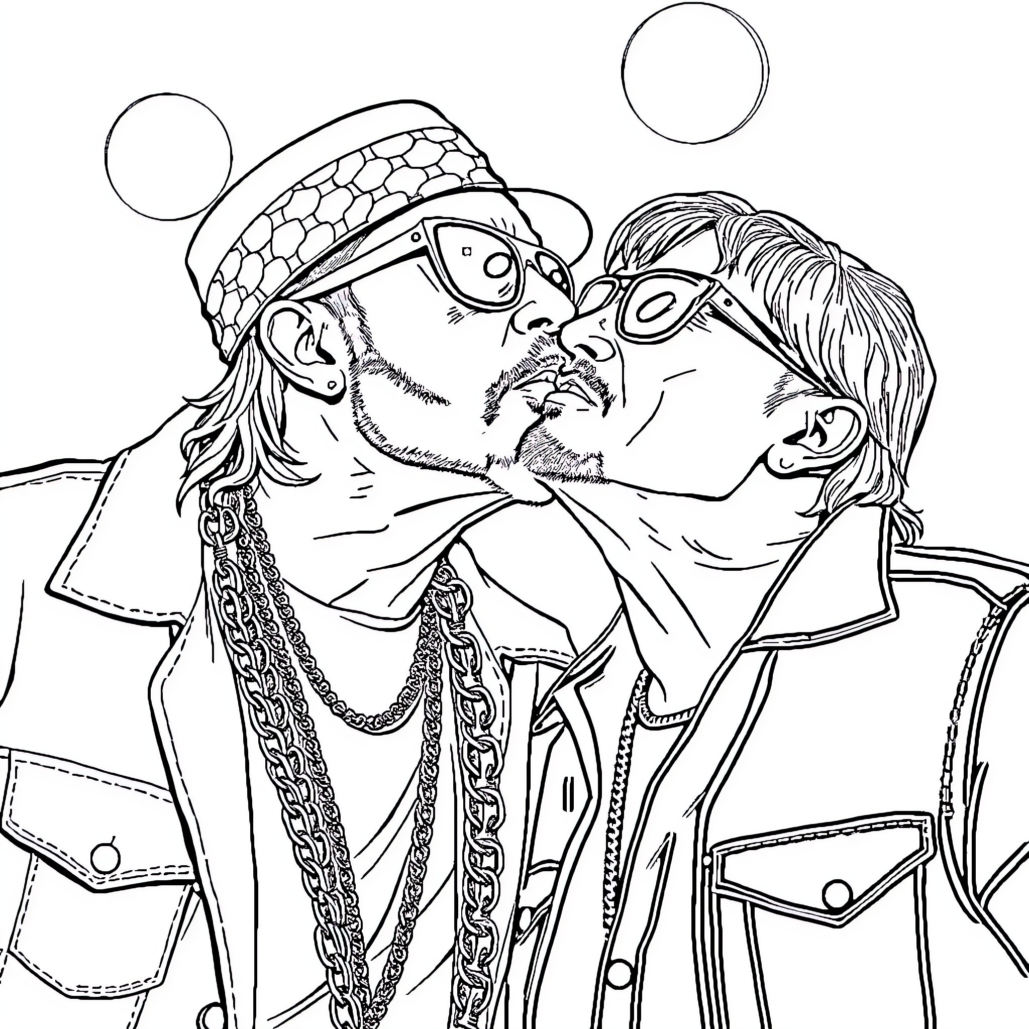 Kid Rock's Rockin' Duo in Flashy Getup Coloring Page (free black-and-white line drawing printable PDF for all, from beginners to advanced learners, including children, teens, adults, and seniors)