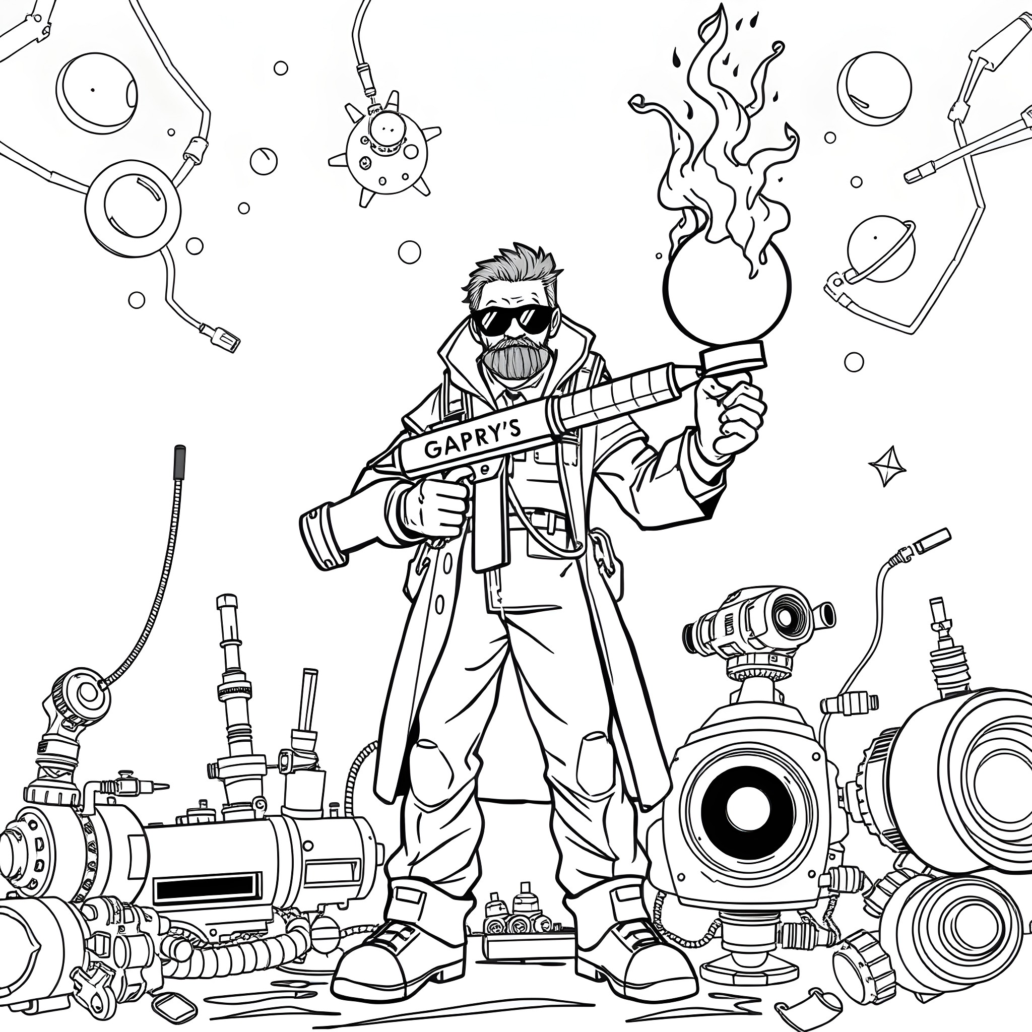 Scientist conducting experiment with smoking apparatus Coloring Page (free black-and-white line drawing printable PDF for all, from beginners to advanced learners, including children, teens, adults, and seniors)