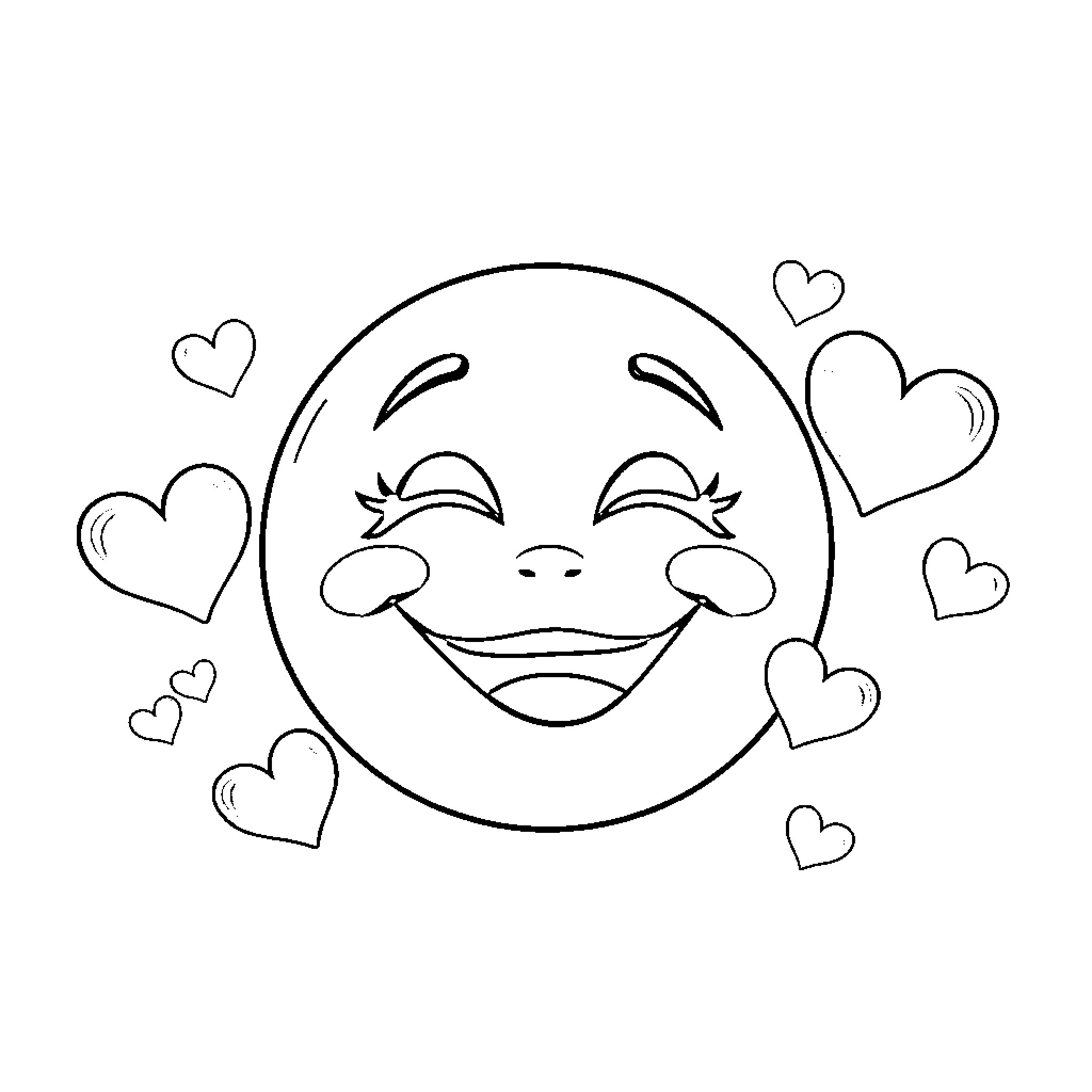 Emoji with happy, smiling expression surrounded by hearts Coloring Page (free black-and-white line drawing printable PDF for all, from beginners to advanced learners, including children, teens, adults, and seniors)